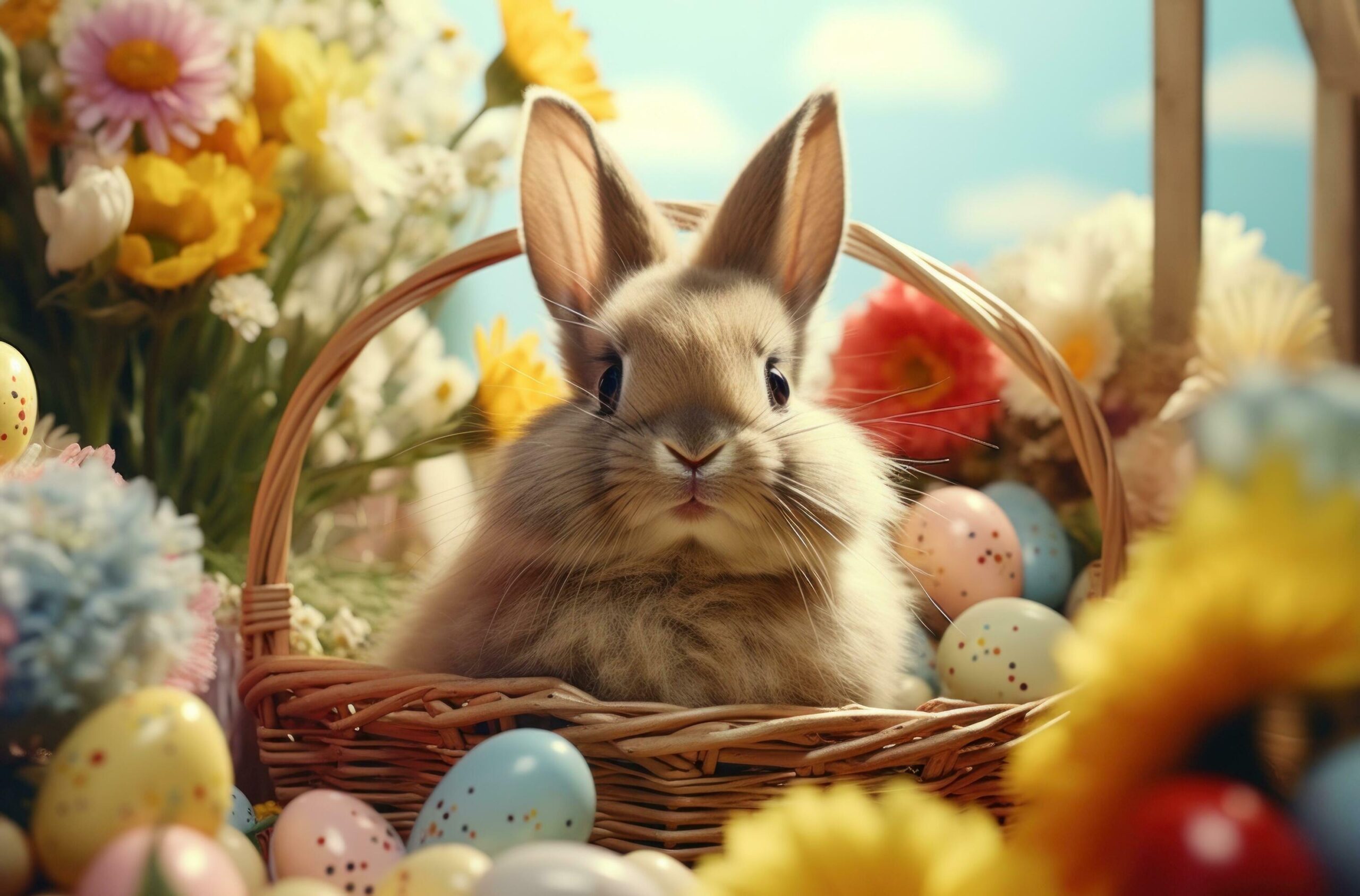 rabbit sitting near easter baskets with easter eggs, Free Photo