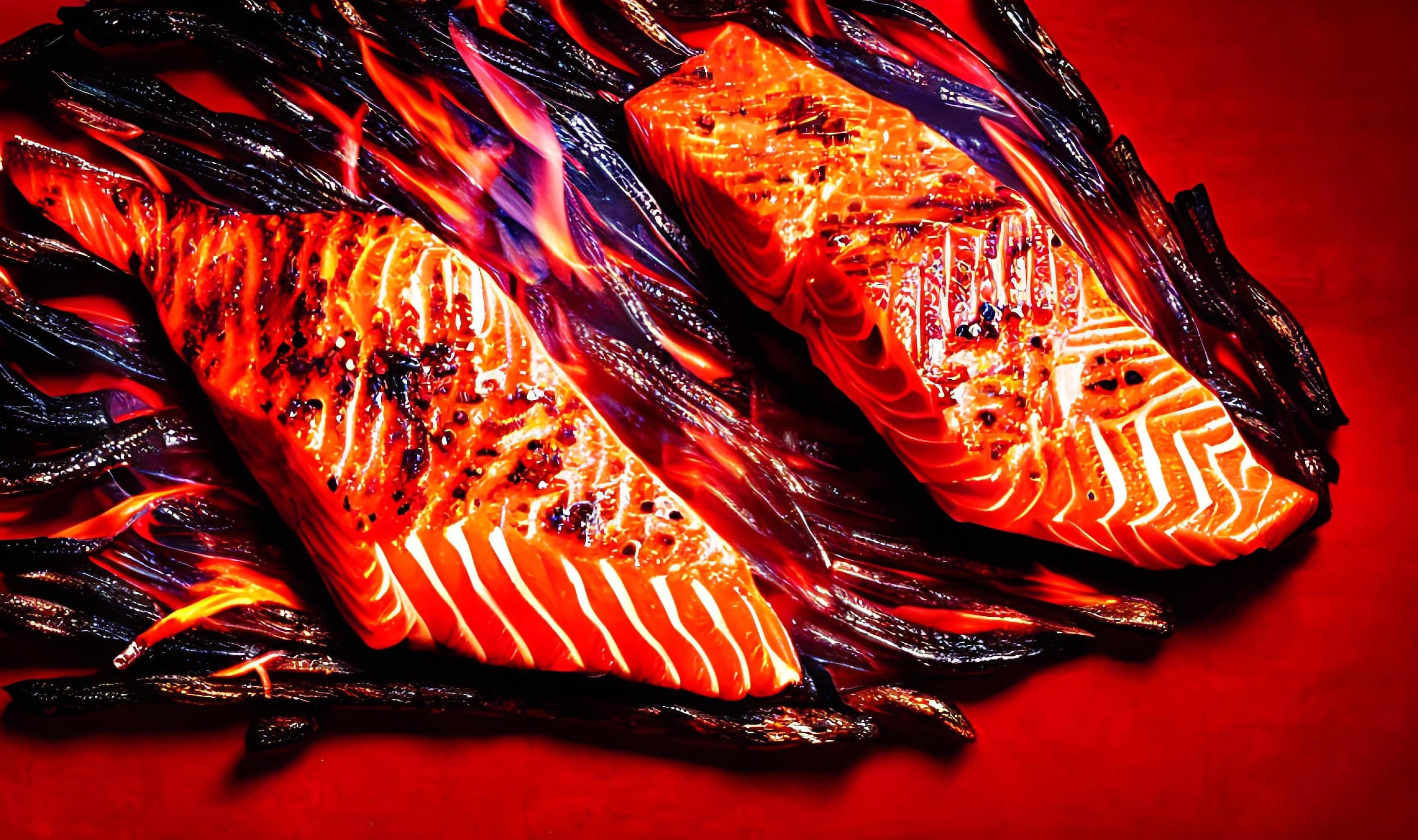 Grilled salmon. Healthy food baked salmon. Hot fish dish. Stock Free