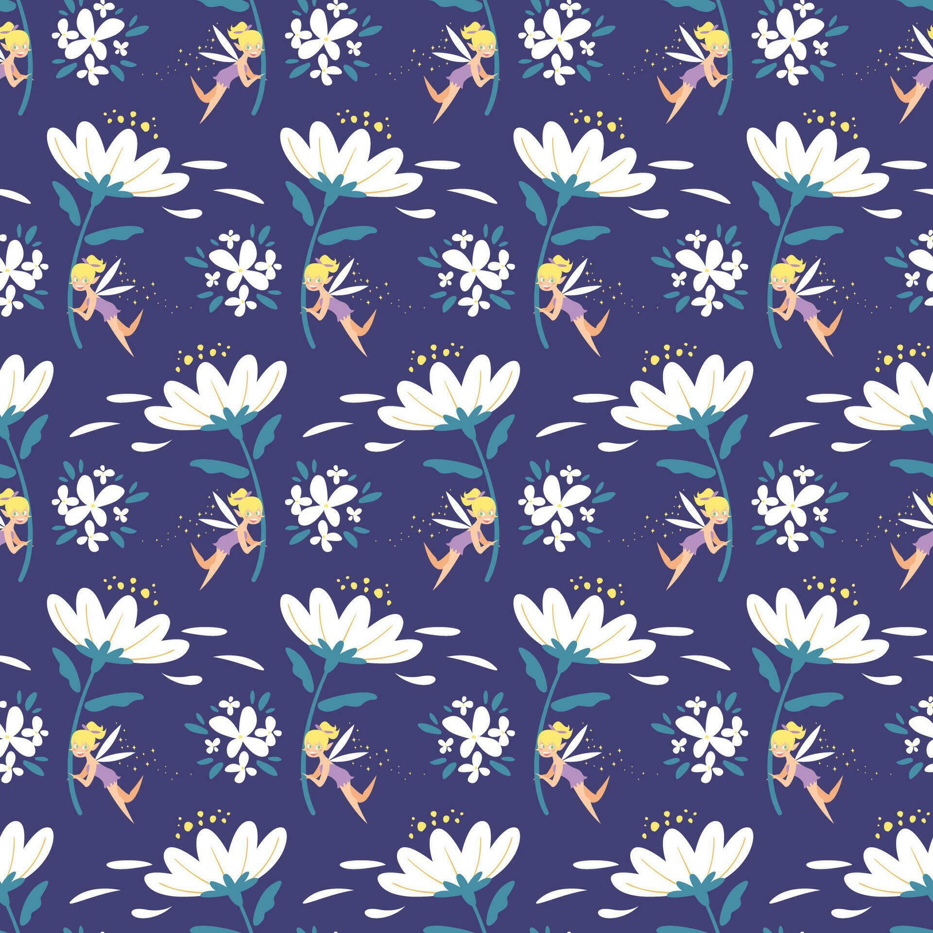 CUTE FEMALE FAIRY IS HOLDING A BIG WHITE FLOWER SEAMLESS PATTERN Stock Free