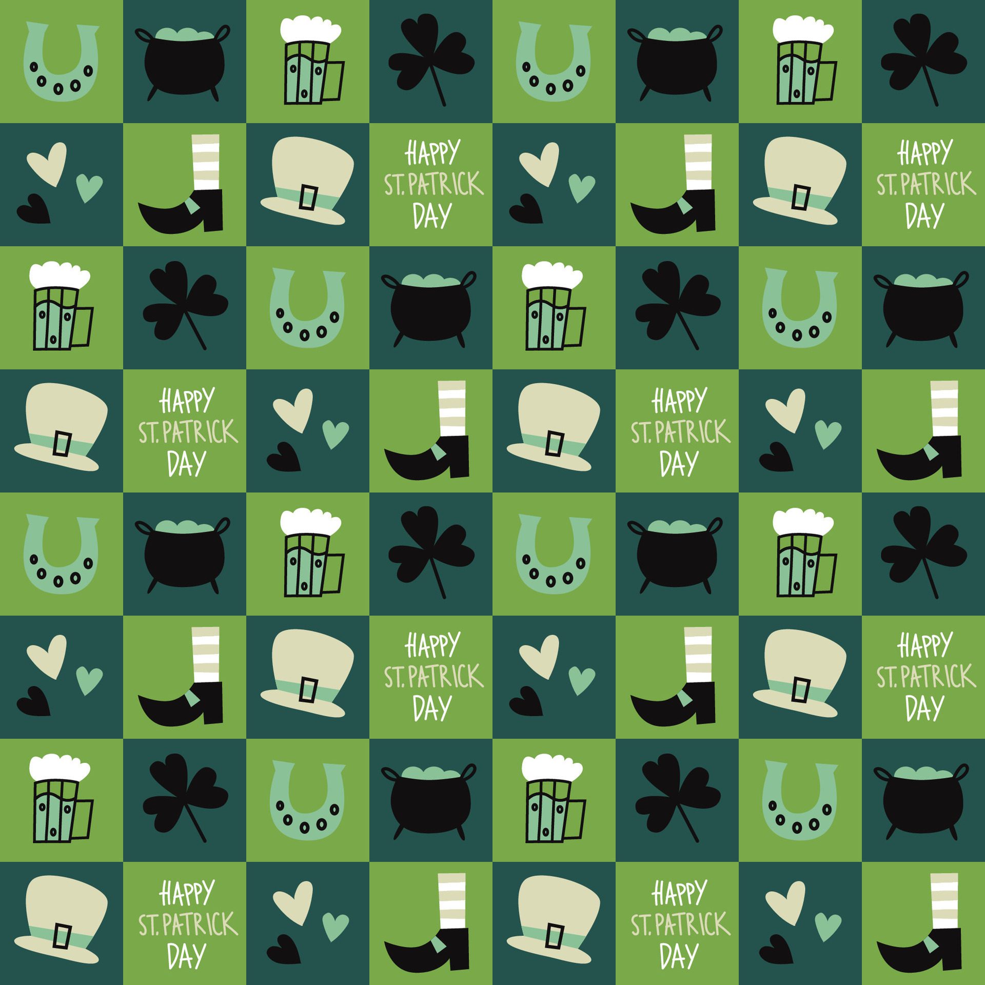 Seamless pattern with Saint Patrick Day lettering and festive elements on green background. Modern cute background. Vector illustration Free Vector