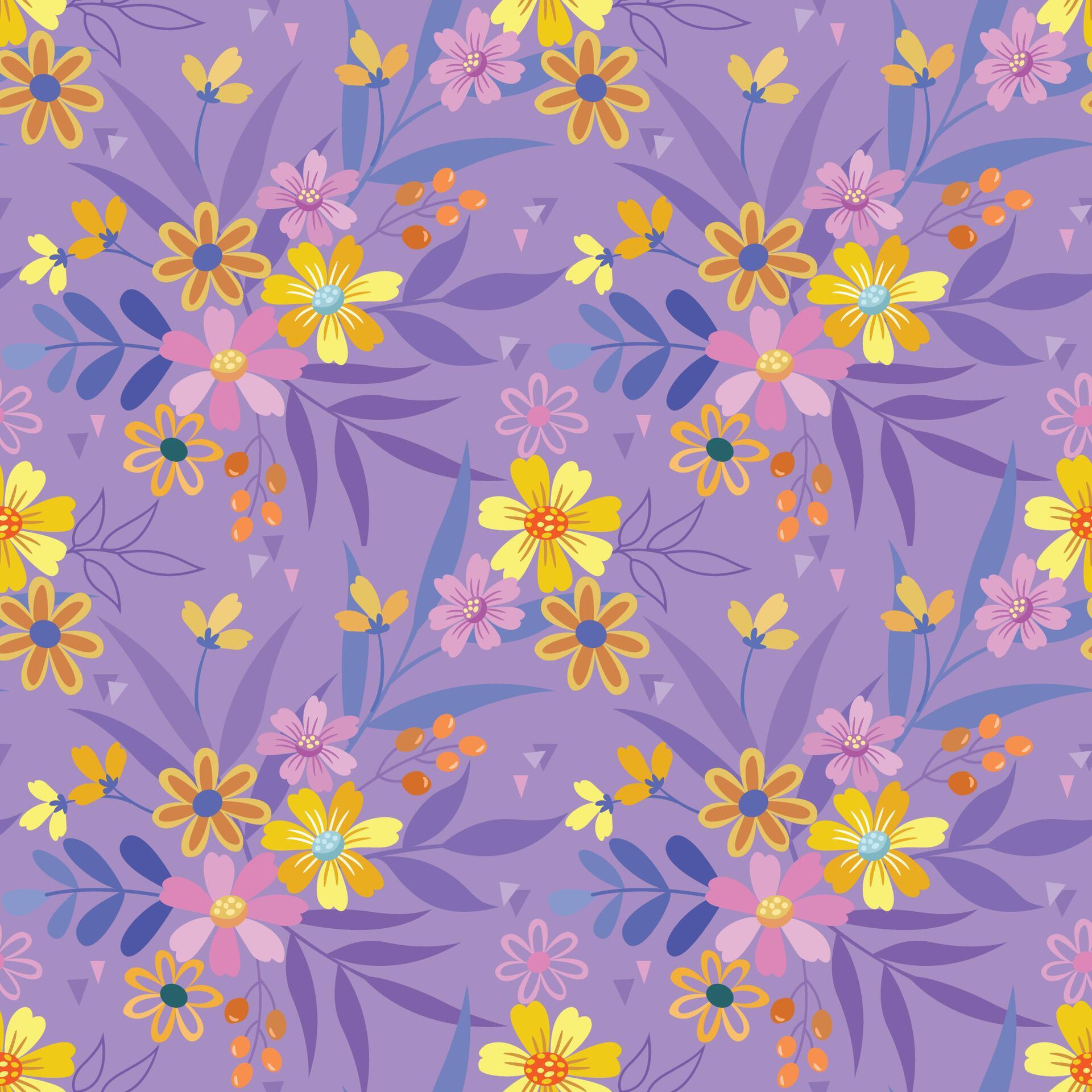 Beautiful blooming flowers on purple color background seamless pattern. Stock Free