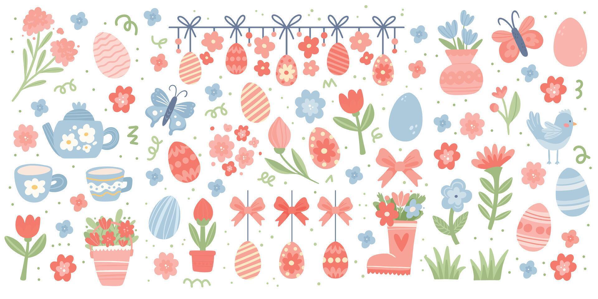 Set of Happy Easter elements. Cute Hand Drawn Eggs, Flowers, Garland and other. Spring Aesthetic Stickers Stock Free