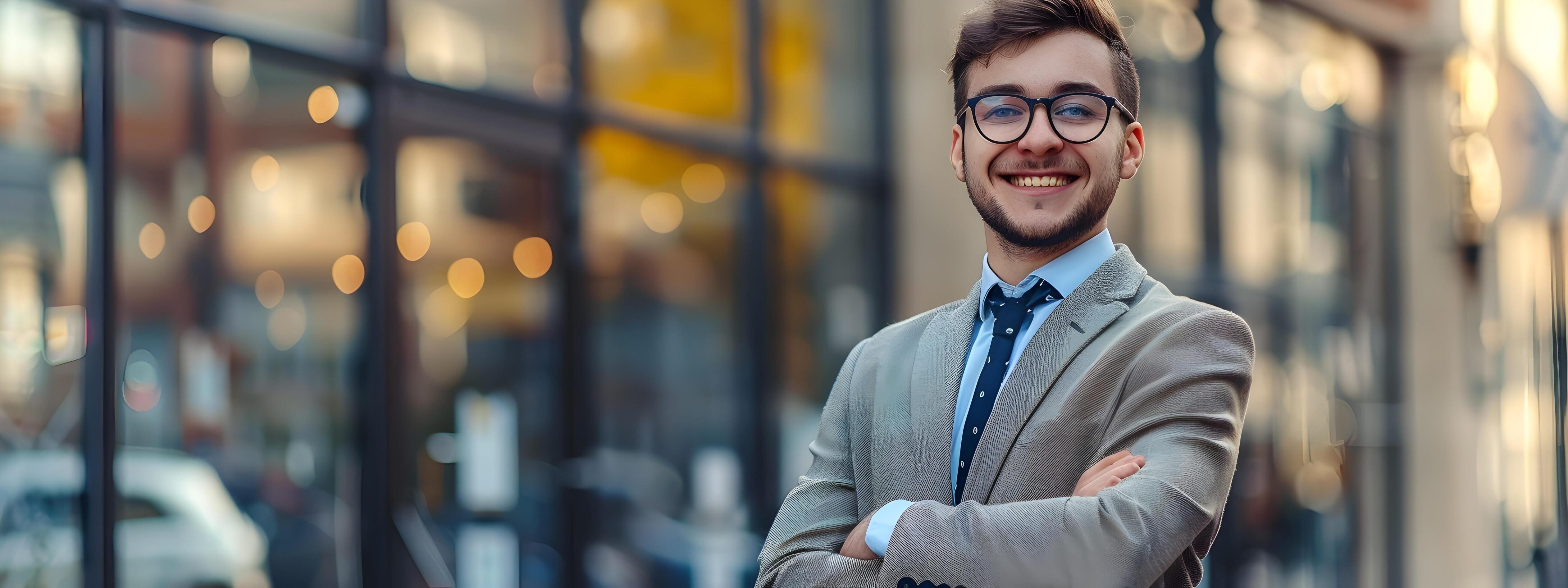 Confident Young Sales Manager Stands Proudly in Urban Office Setting Stock Free