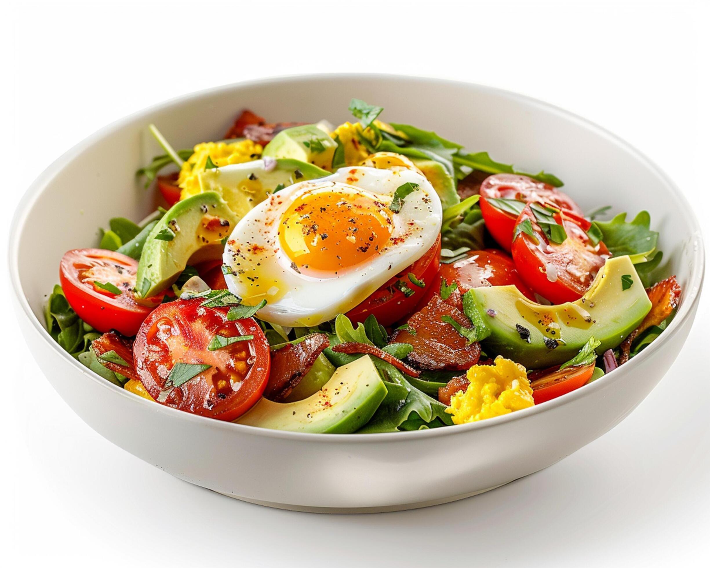 
									a bowl of salad with an egg on top Stock Free