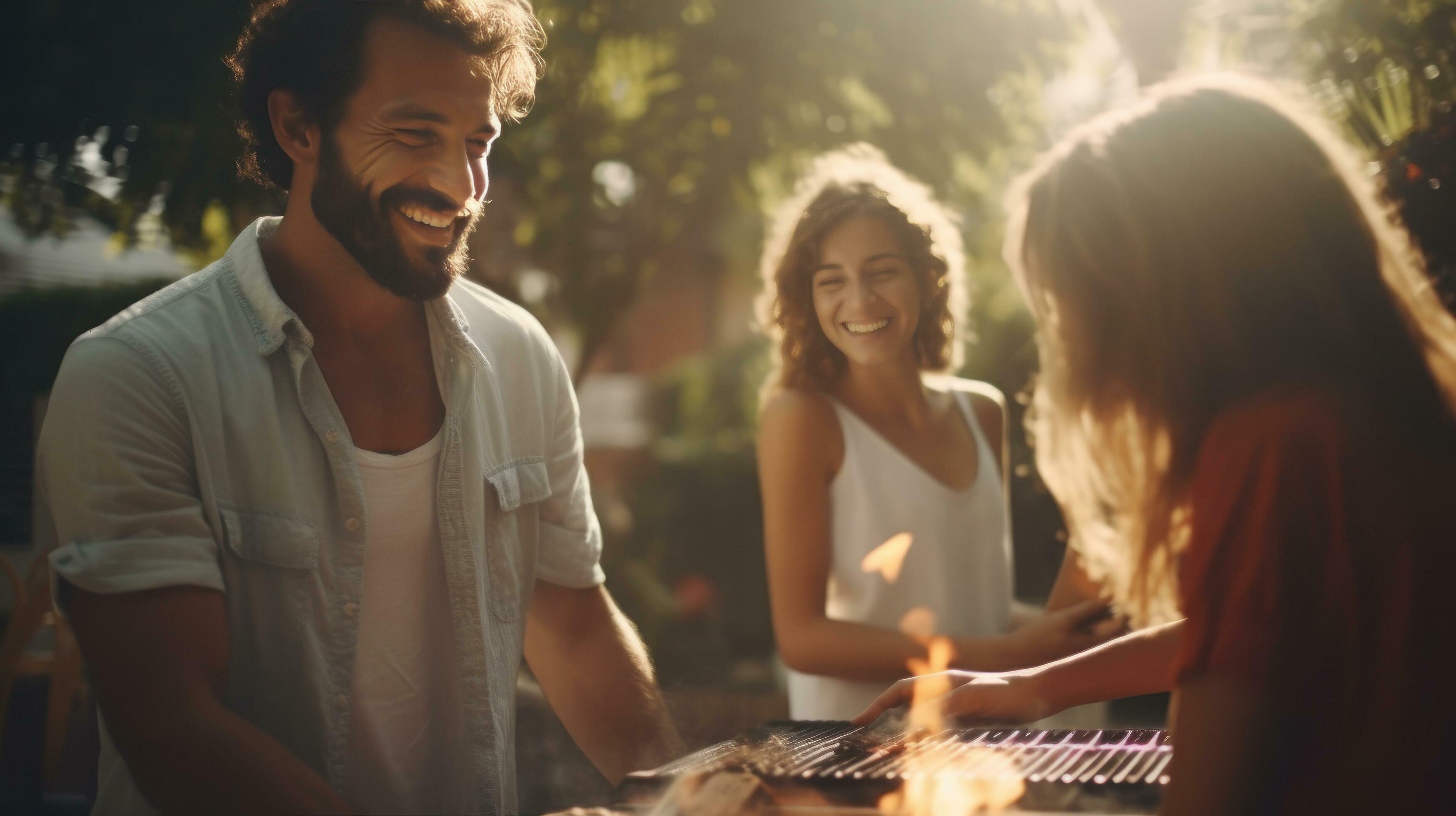 Young family is grilling at the barbecue Stock Free