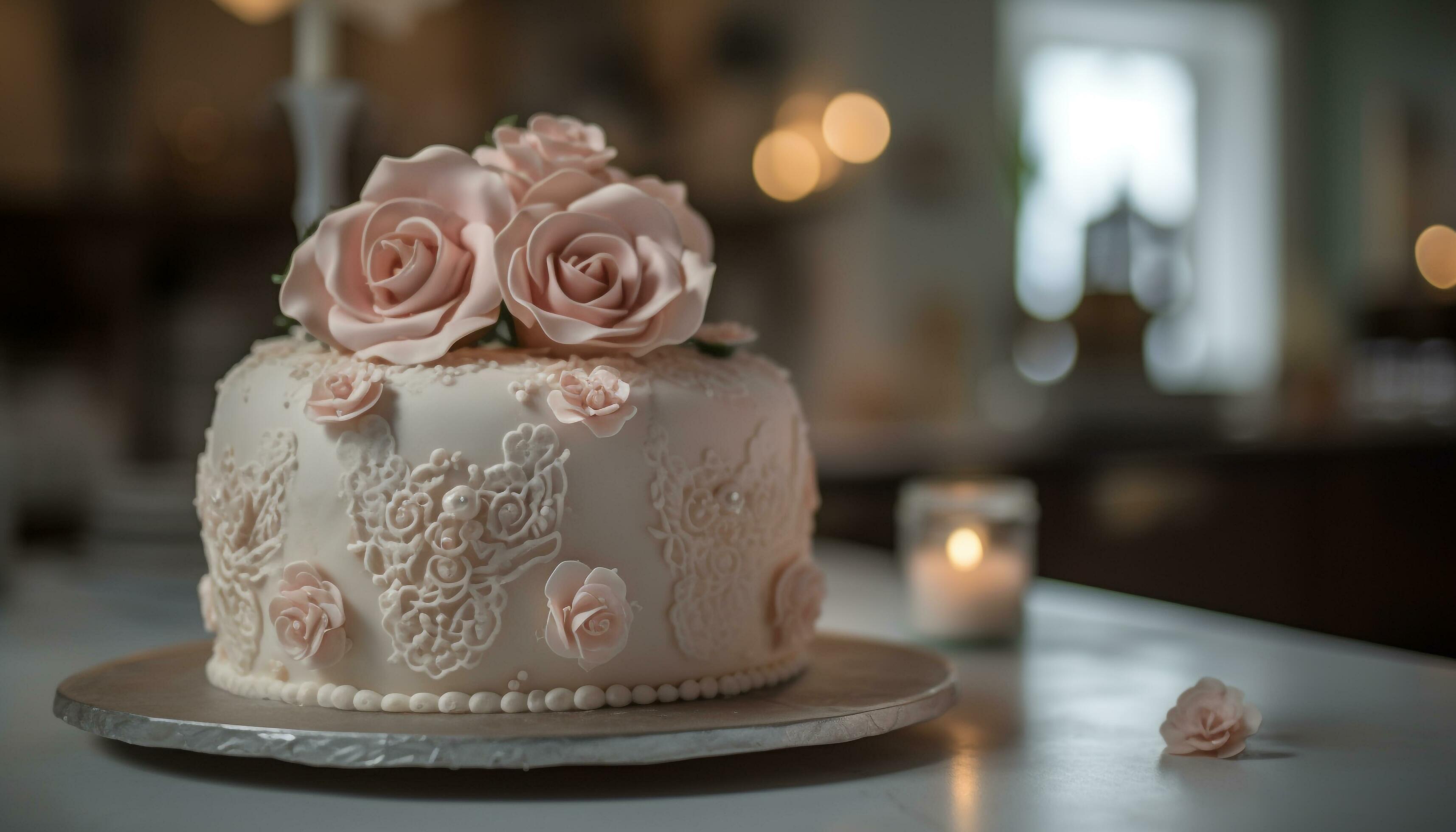 Elegant wedding cake with chocolate icing and flowers generated by AI Stock Free