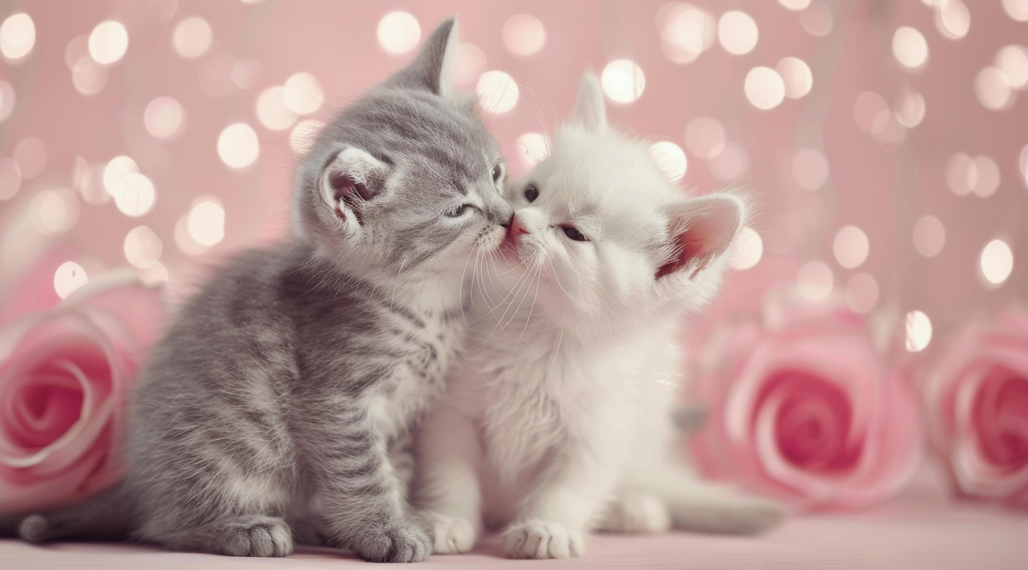 Two Adorable Kittens Snuggling Among Roses With Soft Pink Background Stock Free