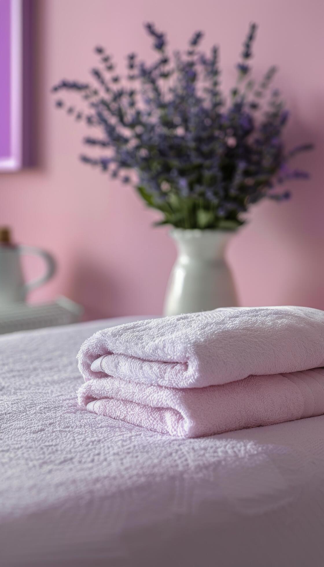 Folded Pink Towels On A Table With Lavender Flowers And A Vase In The Background Stock Free