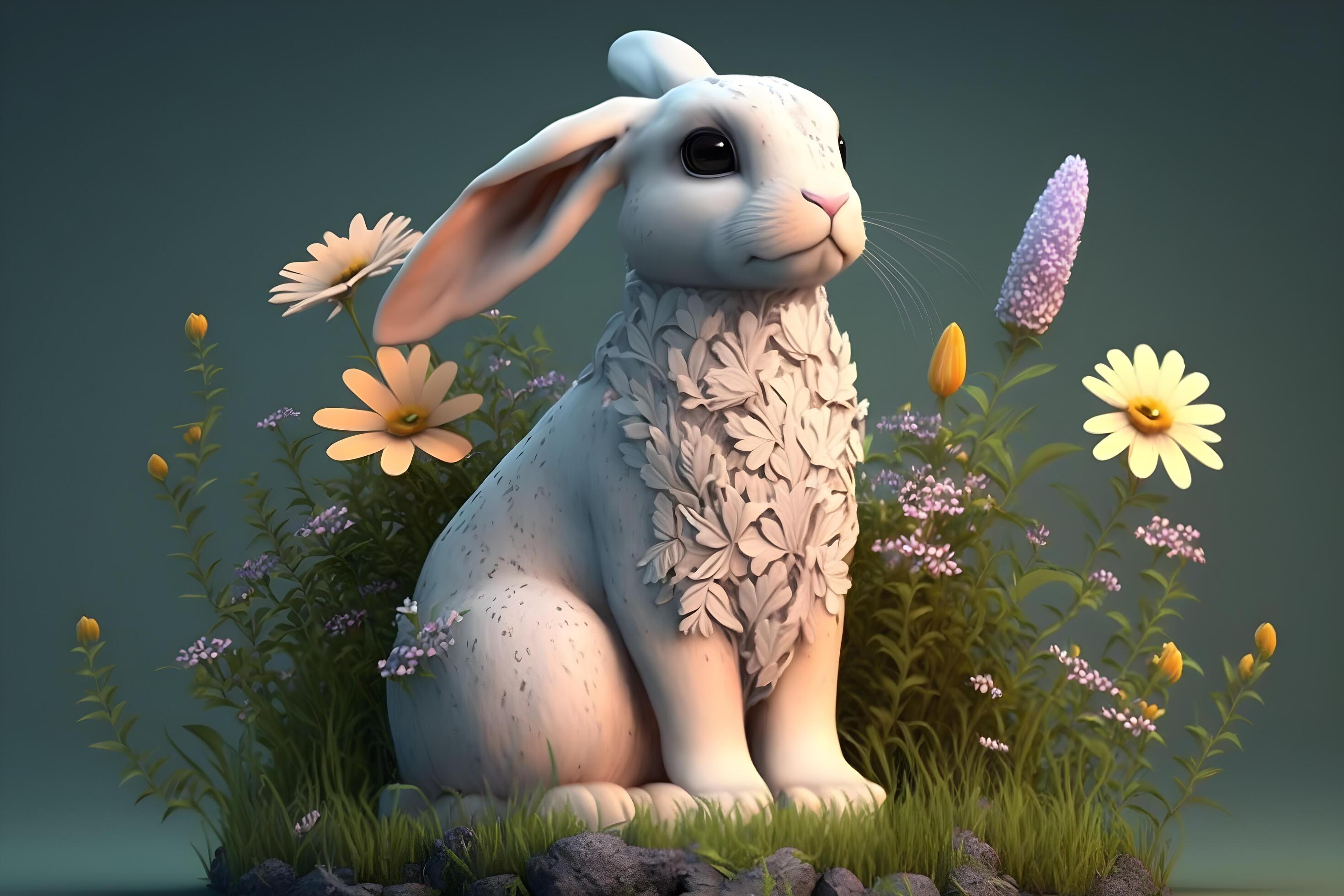 Animated bunny with flowers around created by technology Stock Free