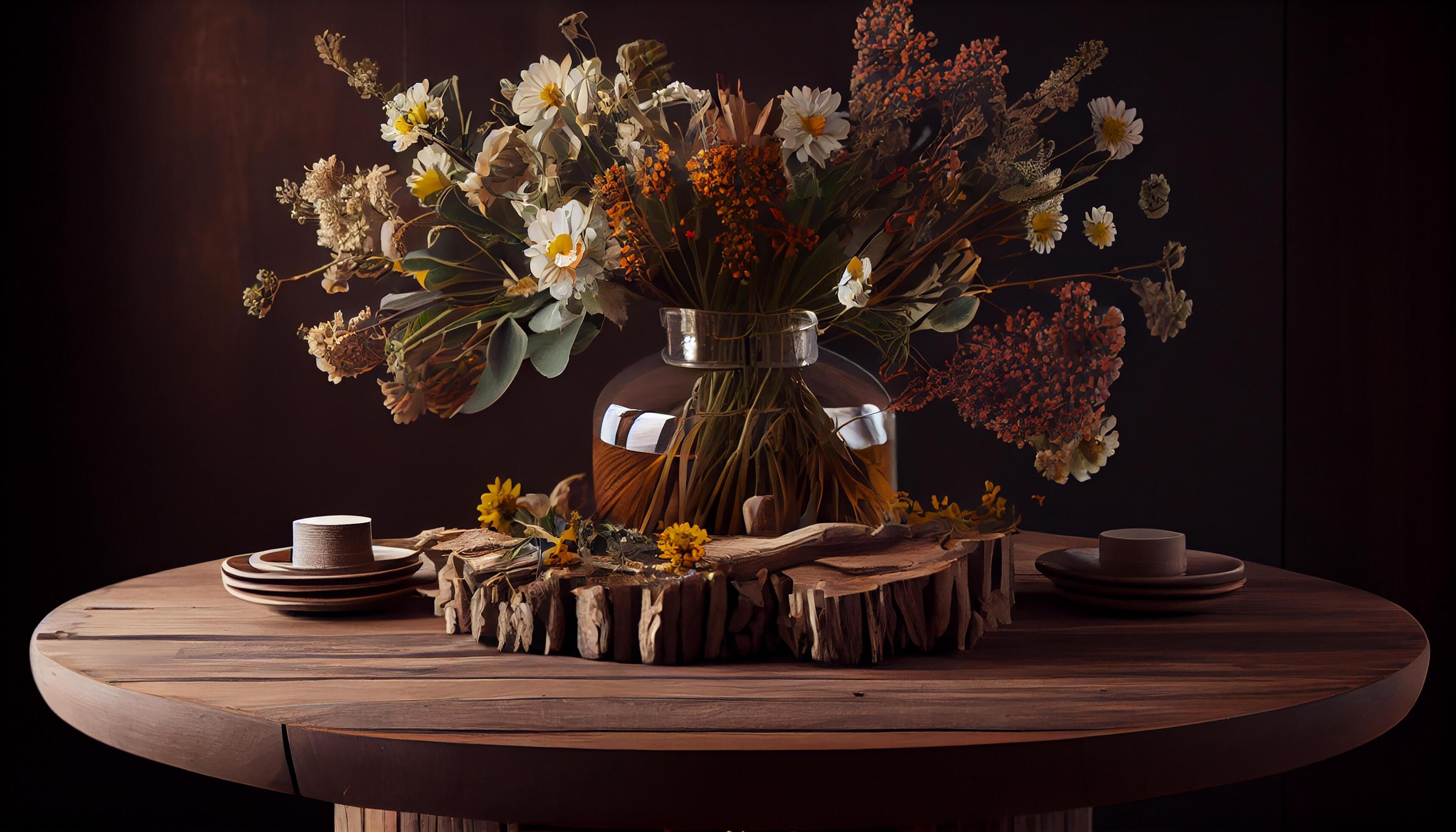 Rustic flower vase decorates wooden indoor table generated by AI Stock Free