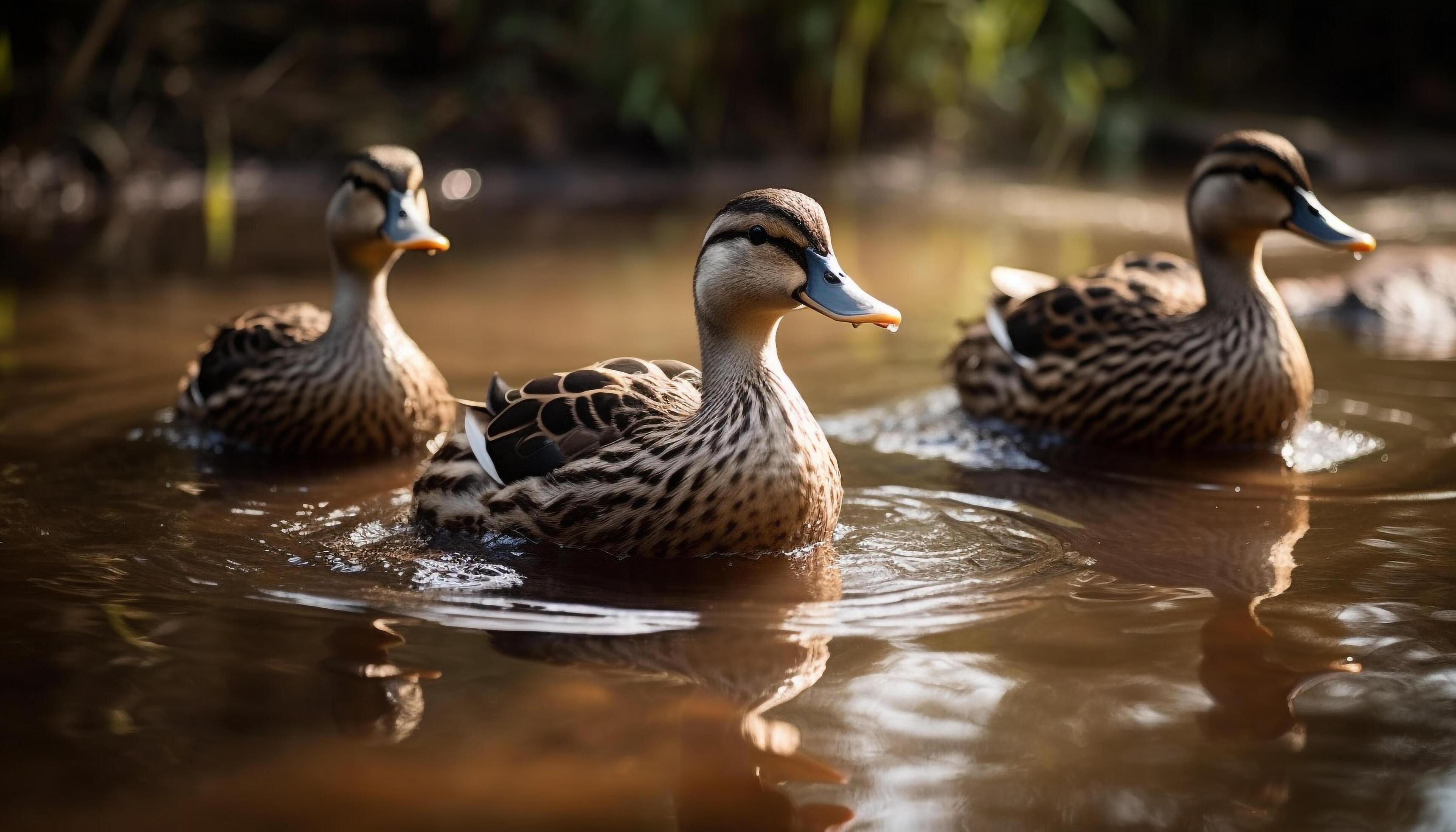 Mallard duck family quacking near pond in beautiful autumn scenery generated by AI Stock Free