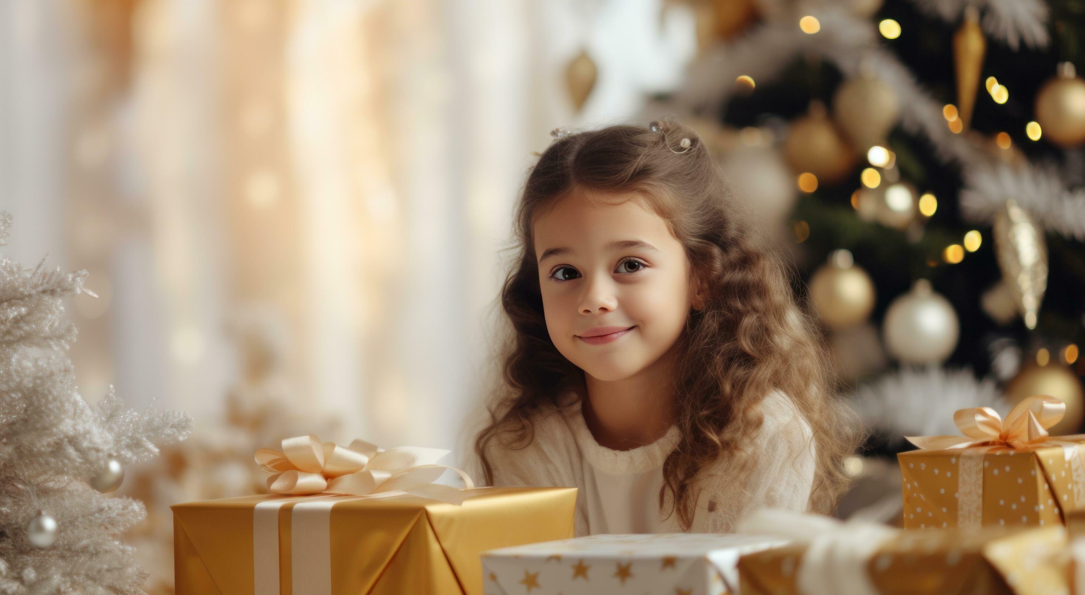 AI generated family portrait of a girl with christmas presents near christmas tree Stock Free