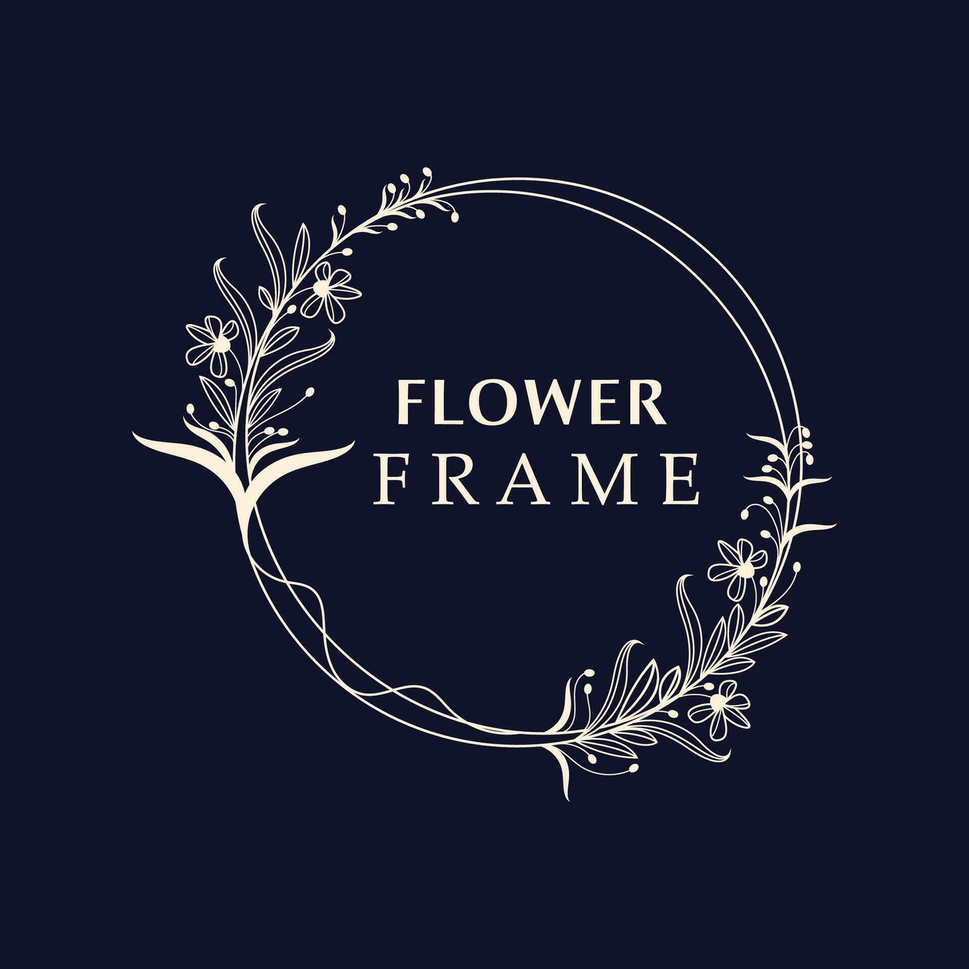 Floral frame flower round shape emblem logotype isolated on white background, leaves luxury linear logo circle style boutique Stock Free