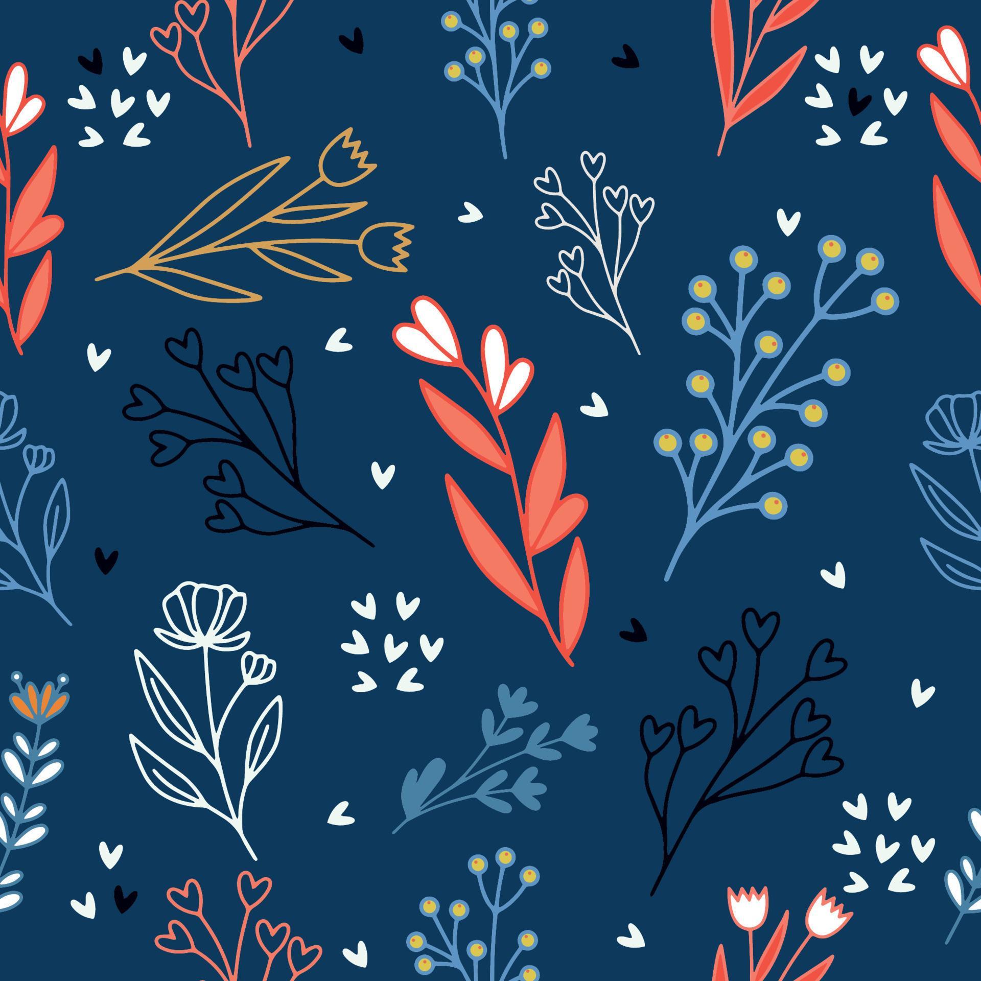 Beautiful seamless vector floral pattern bright light flowers hearts and plant leaves contour on a dark blue purple background Vector flowers Stock Free