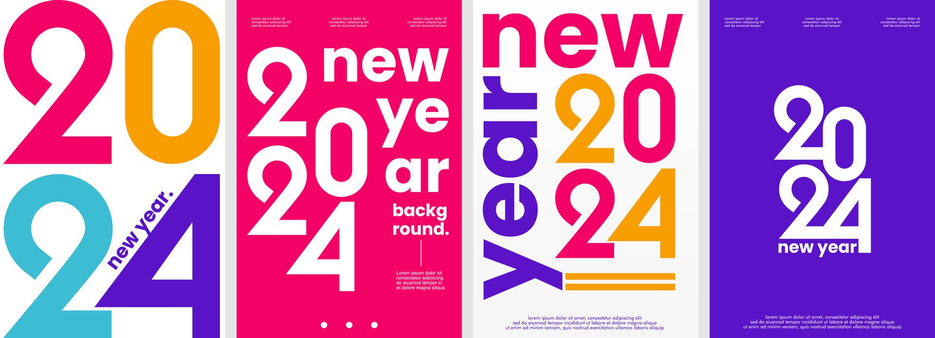 New Year 2024. Set of 4 simple typography background vector illustration template, flat style. Suitable for poster, cover, web, ads, social banner, or flyer Free Vector