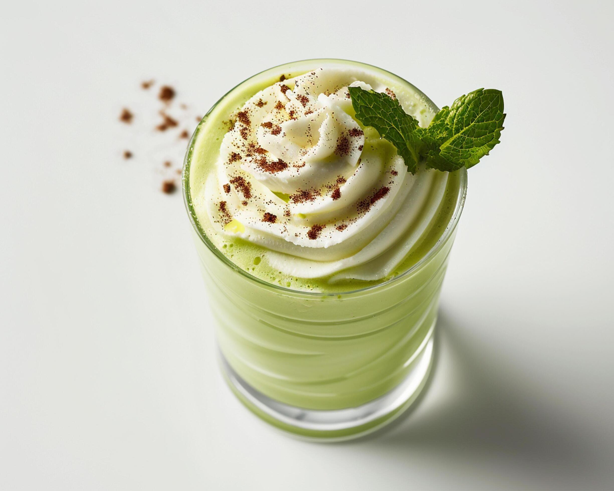 a green smoothie with whipped cream and mint Stock Free