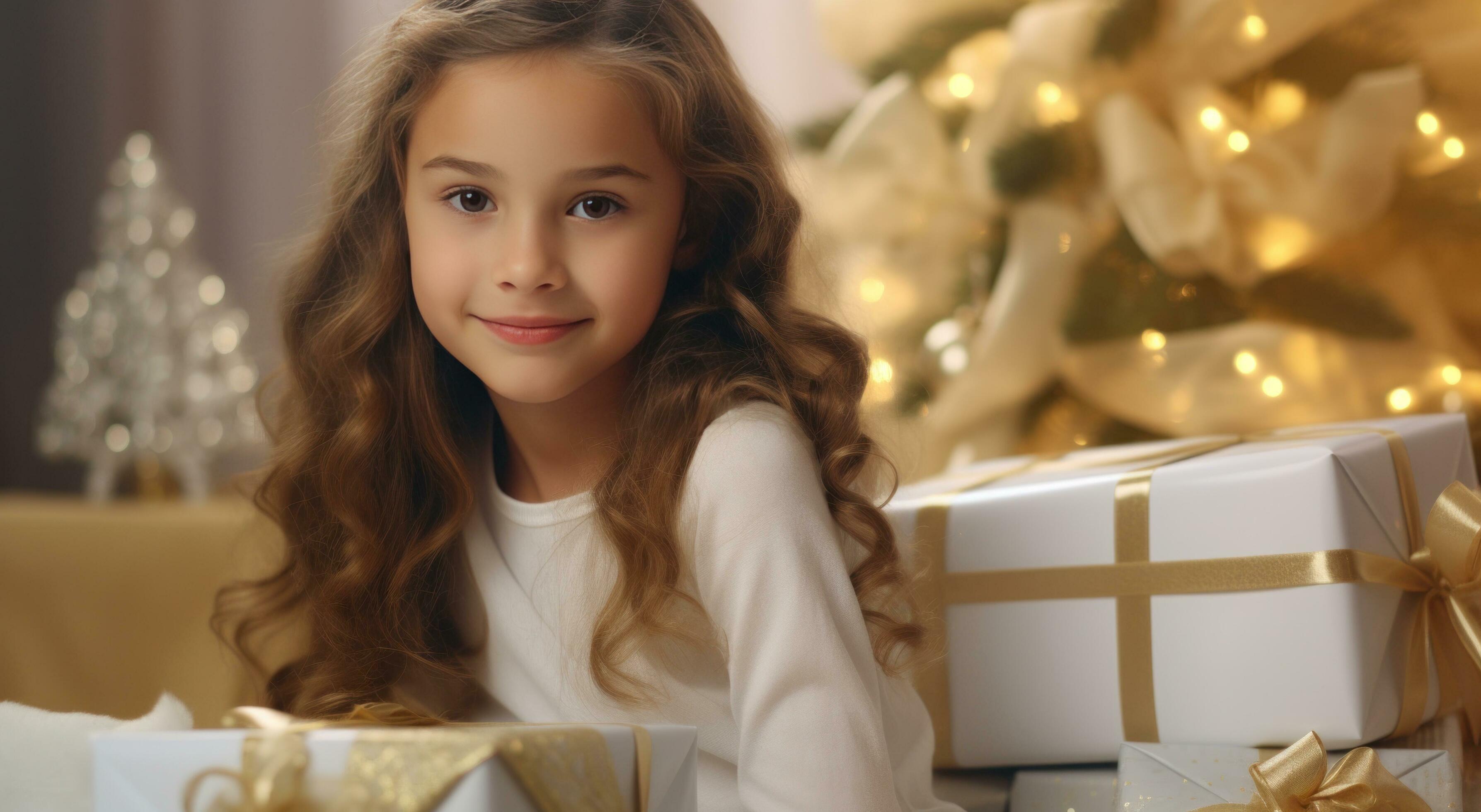 AI generated family portrait of a girl with christmas presents near christmas tree Stock Free