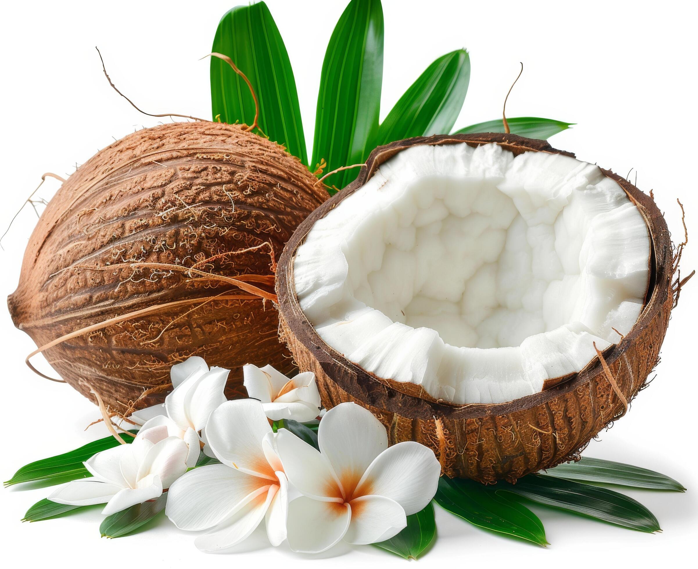 Freshly Opened Coconut With Palm Leaves on White Background Stock Free