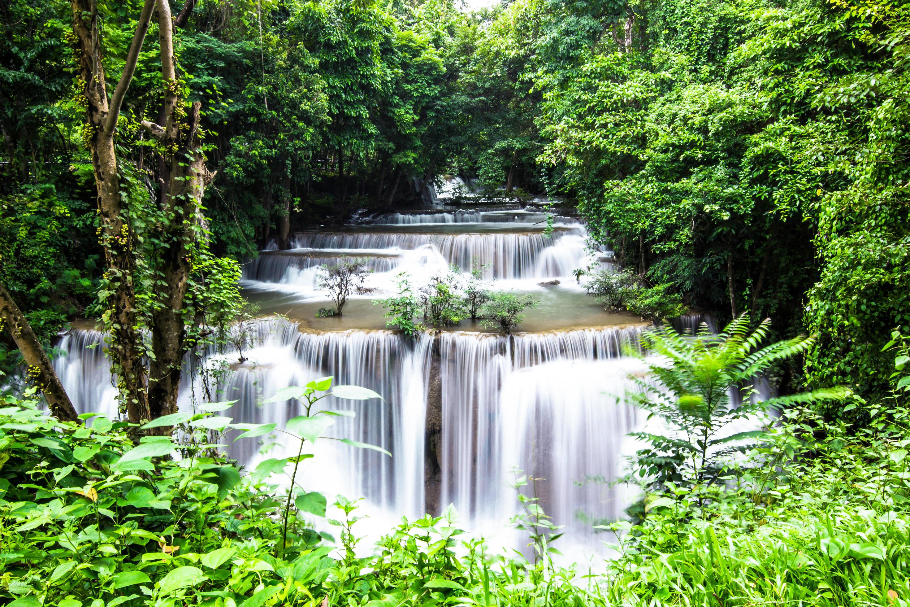 Waterfall in Mountain and green tree with little water and Stock Free