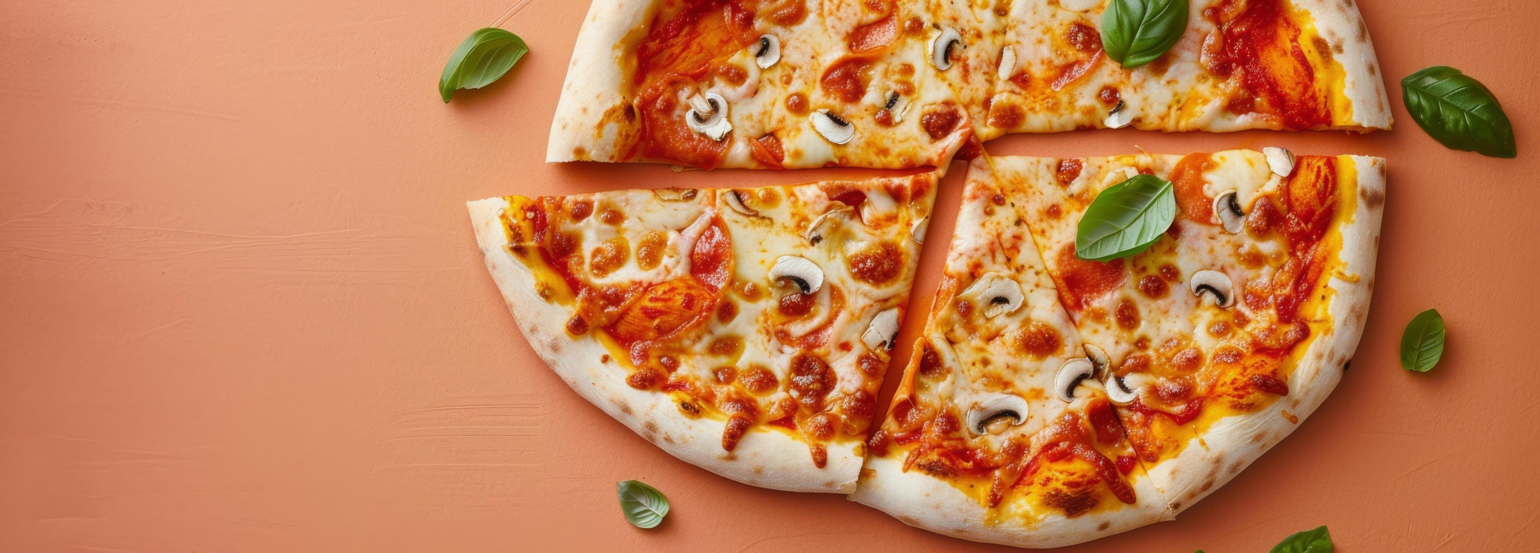 Heart-Shaped Pizza With Toppings Cut Into Slices On A Orange Background Stock Free