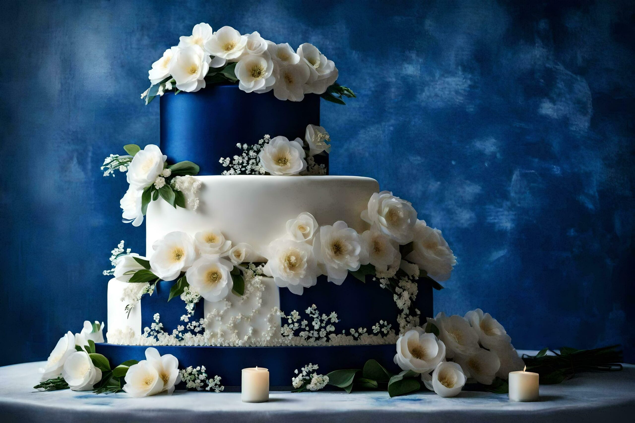 a blue and white wedding cake with white flowers Free Photo