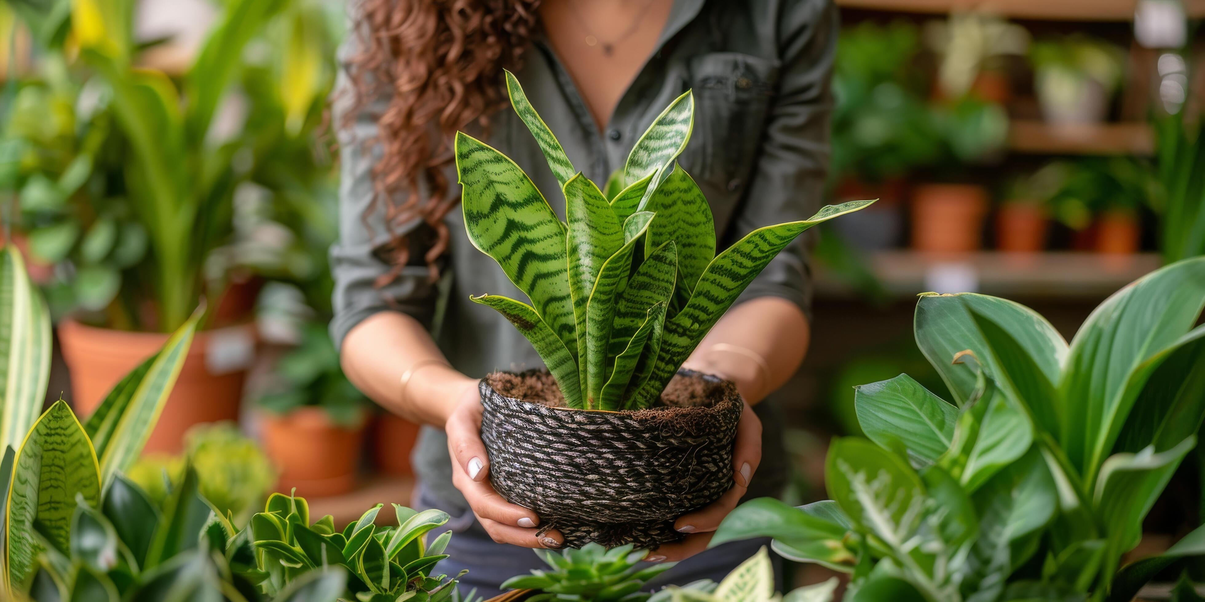 Person Holding a Potted Snake Plant in a Wicker Basket at a Plant Shop Stock Free