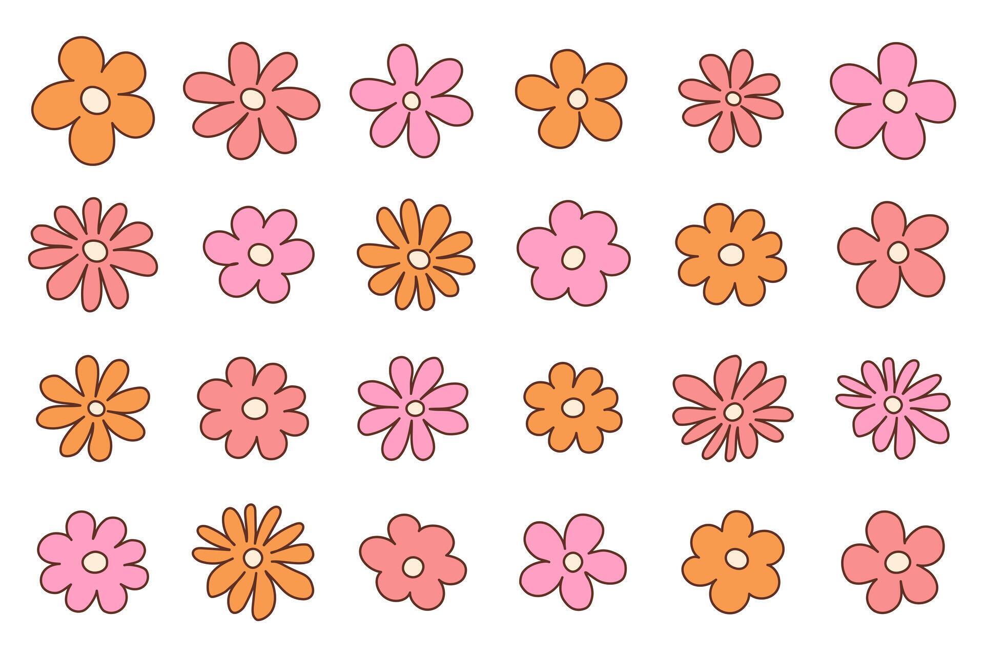 Groovy hippie 70s set. Funny cartoon flower, daisy, etc. Sticker pack in trendy retro p Stock Free