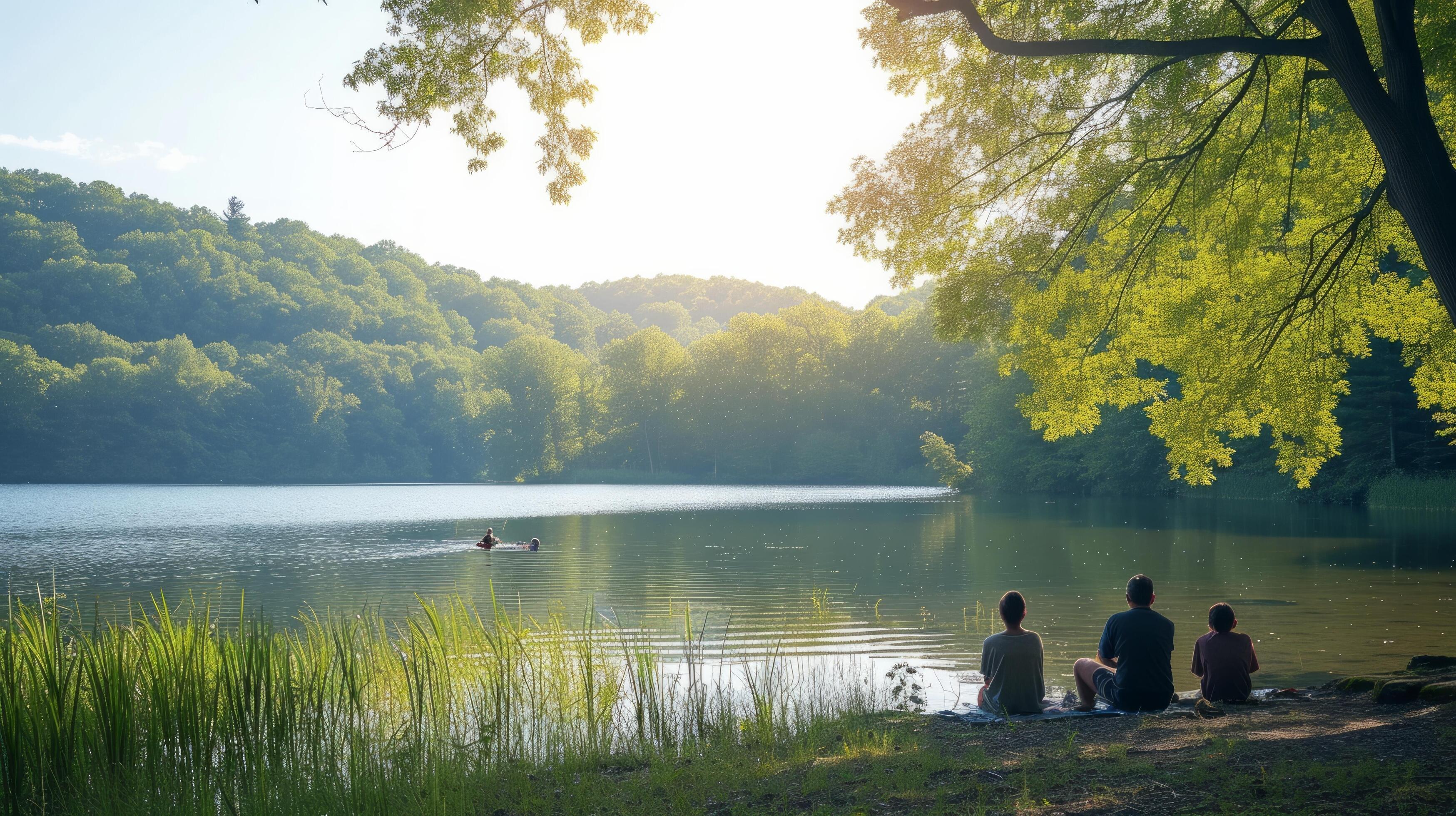 AI generated Joyful families enjoy lakeside picnics, surrounded by tranquil waters and verdant landscapes Stock Free