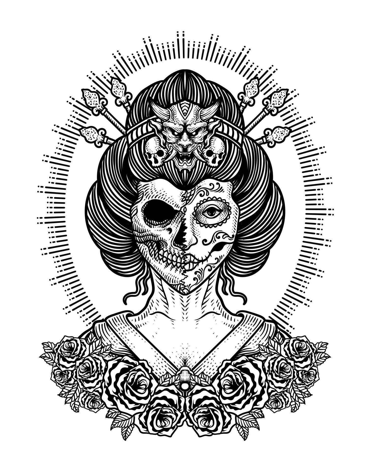 Illustration vector geisha sugar skull lady with rose flowers, Tattoo design. Stock Free