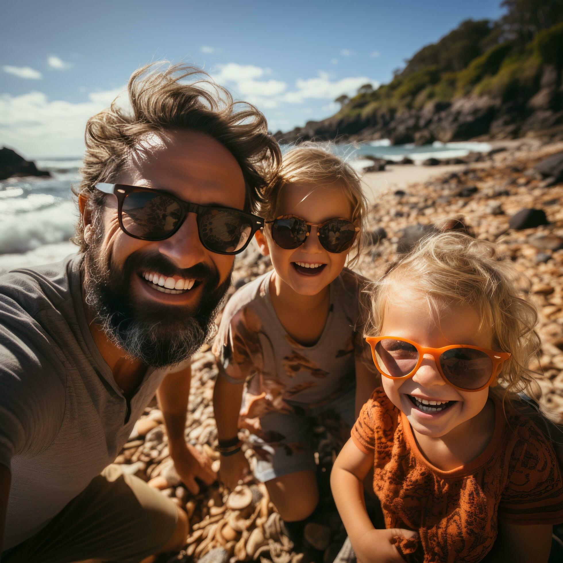 Excited family taking a group selfie on the shore Stock Free