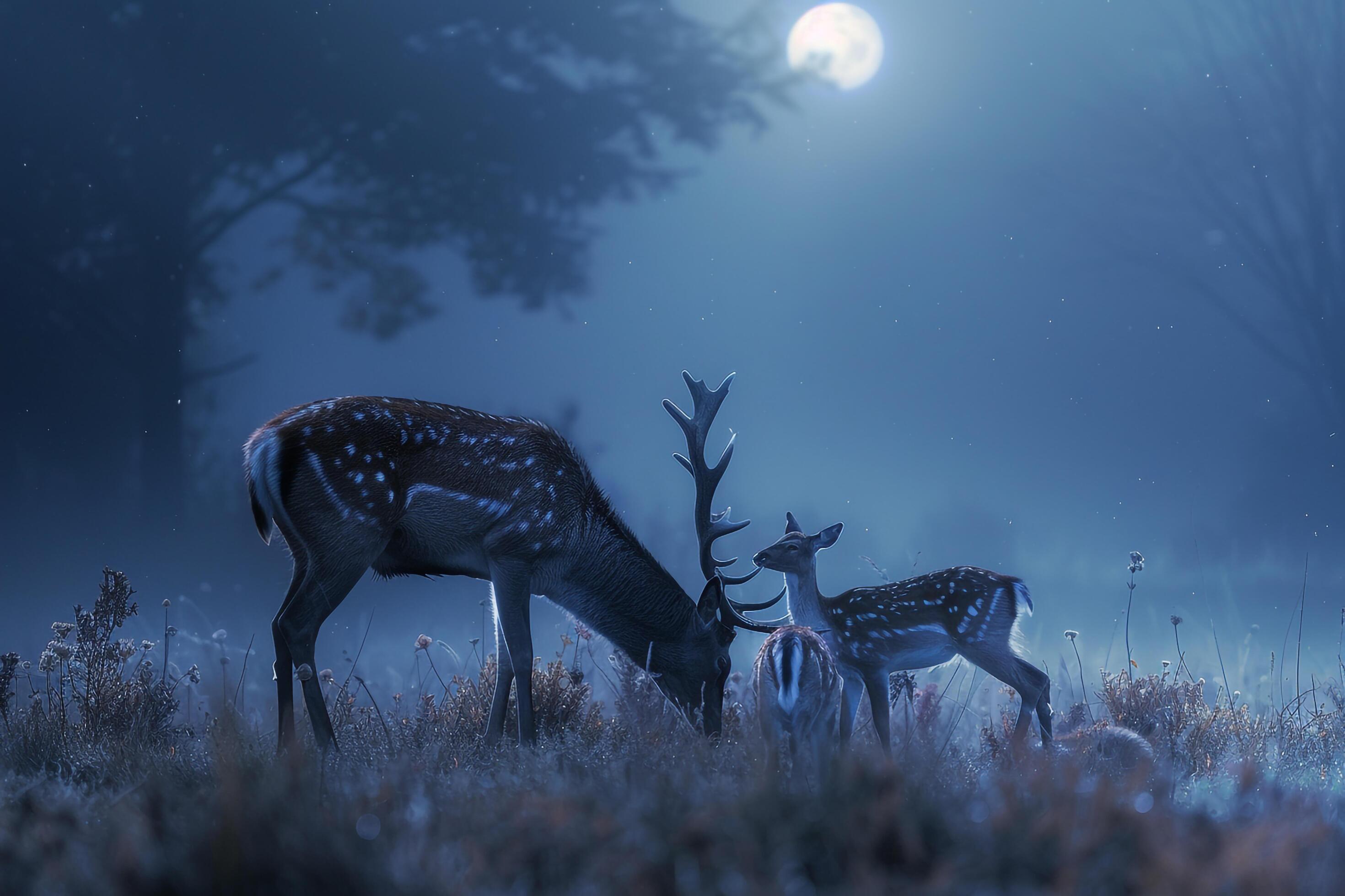 Moonlight Filtering Through Mist Casting Silver Glow on Family of Deer Grazing in Meadow Background in Nature Stock Free