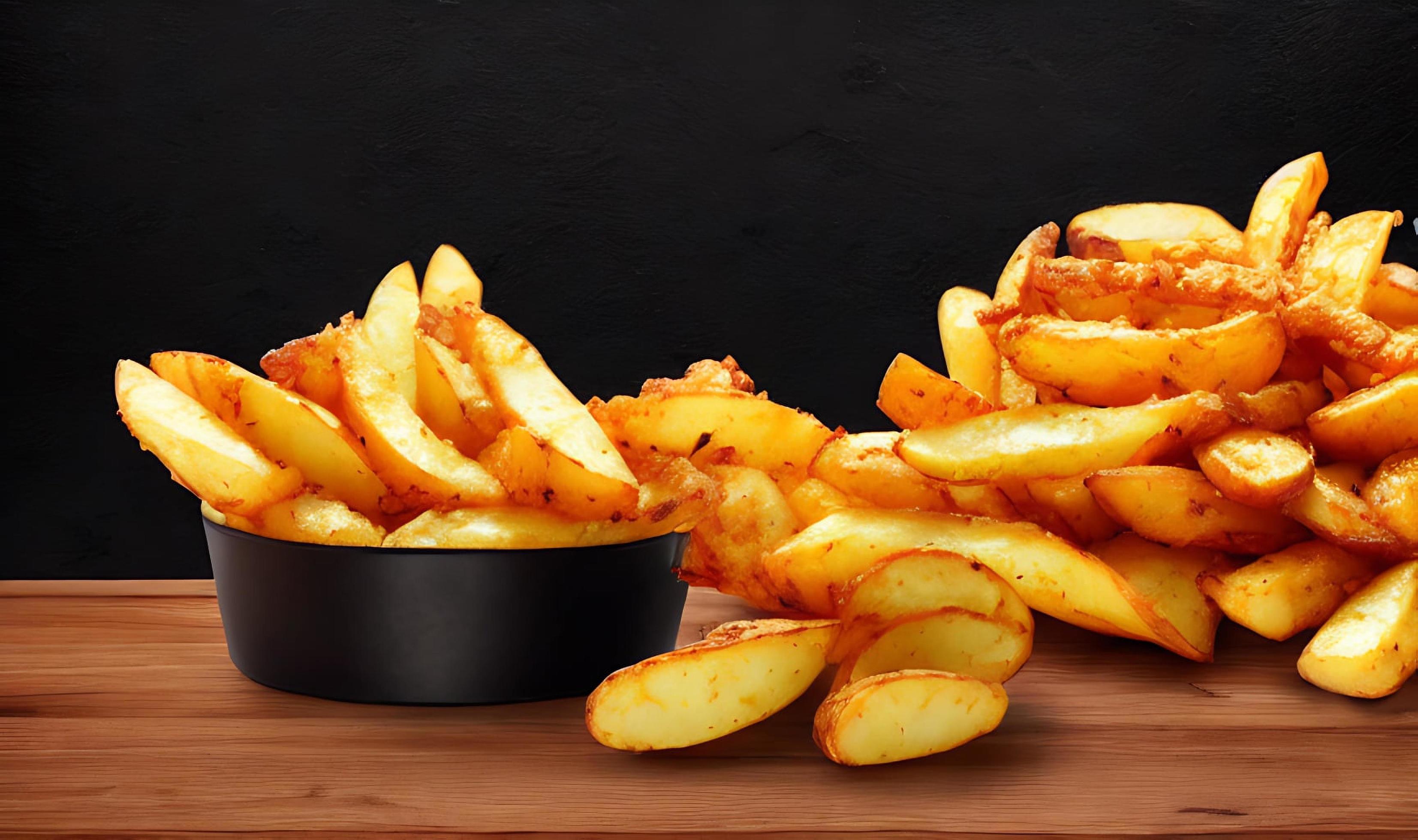 Delicious hot and crispy fried potatoes. Fast food and restaurant products. Stock Free