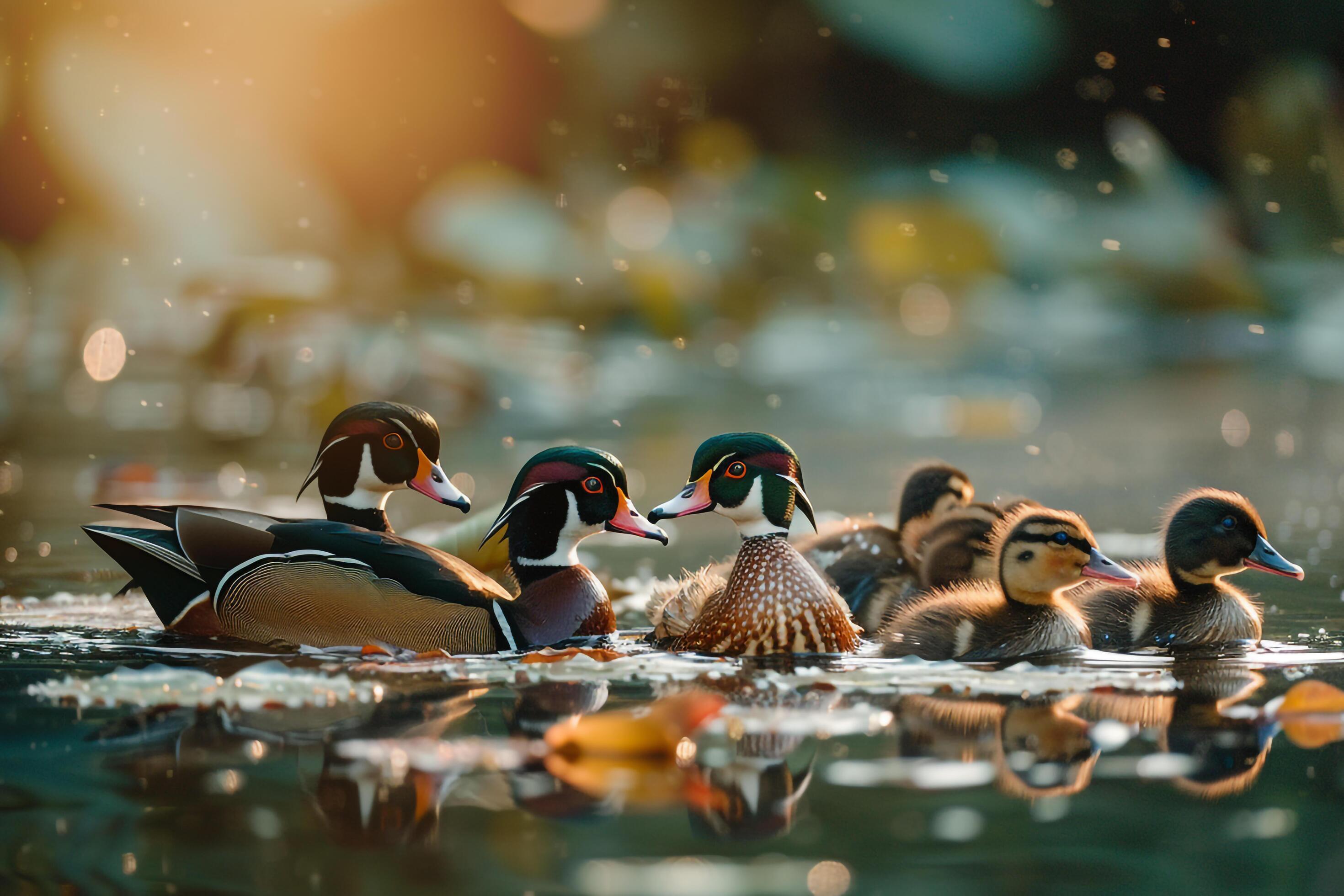 Wood Duck Family Swimming Among Lily Pads Background Nature Stock Free