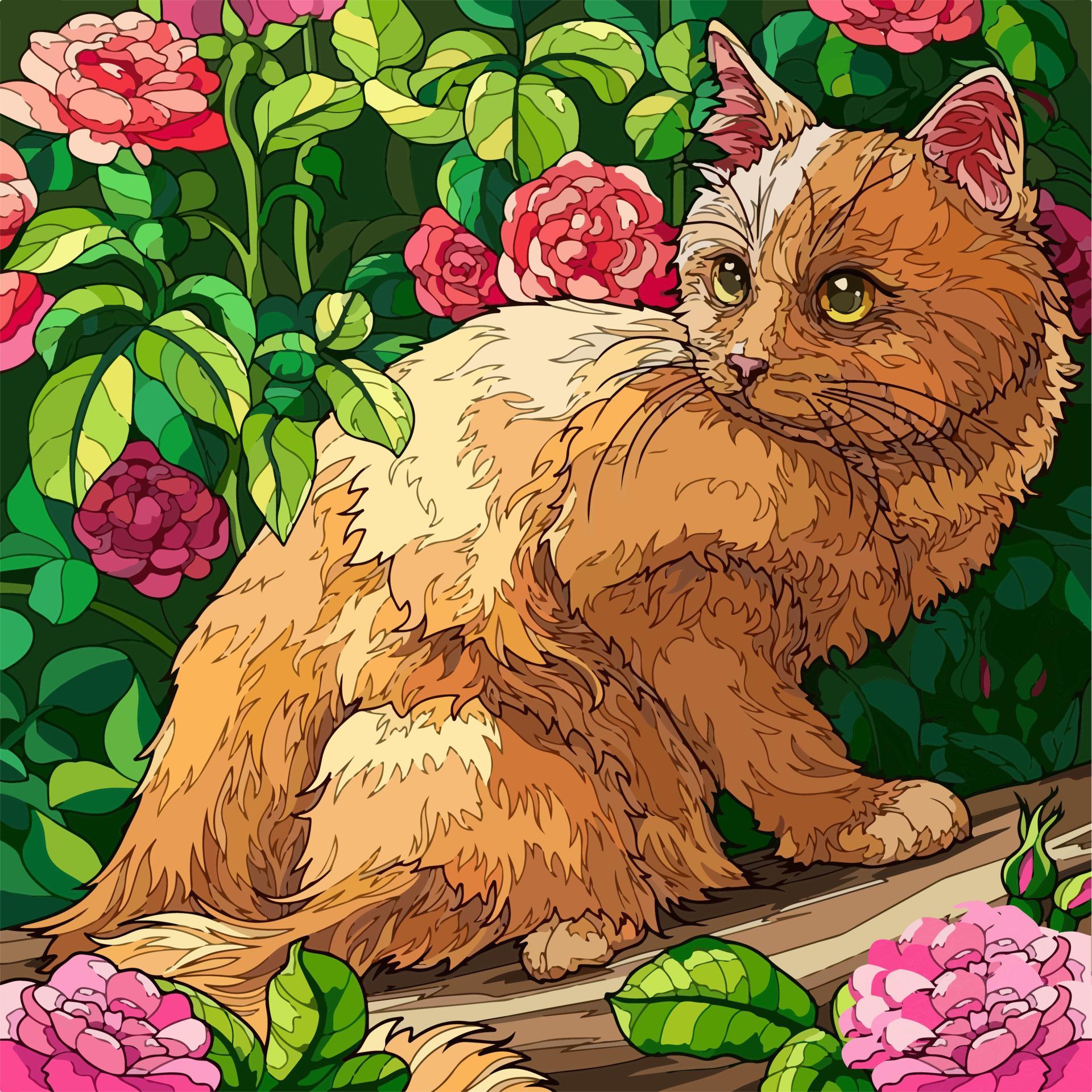 picture illustration cute cat with flower Stock Free