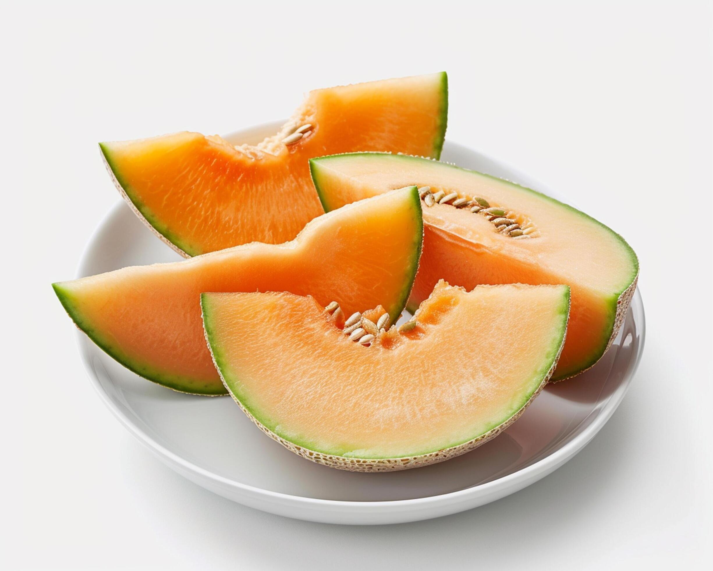 a plate of melon slices on a white background Stock Free