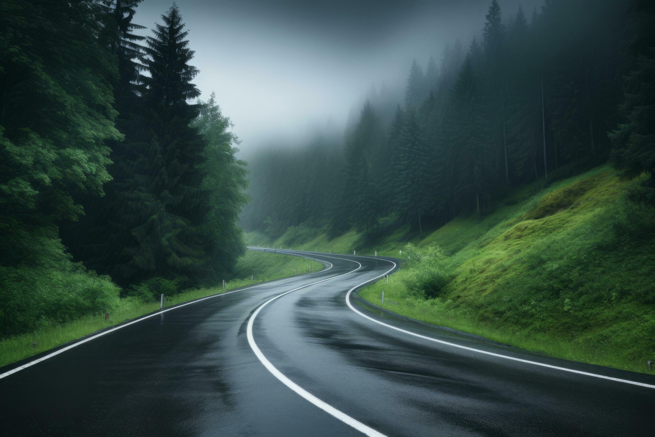 Road in foggy forest in rainy day in spring beautiful mountain curved roadway Free Photo