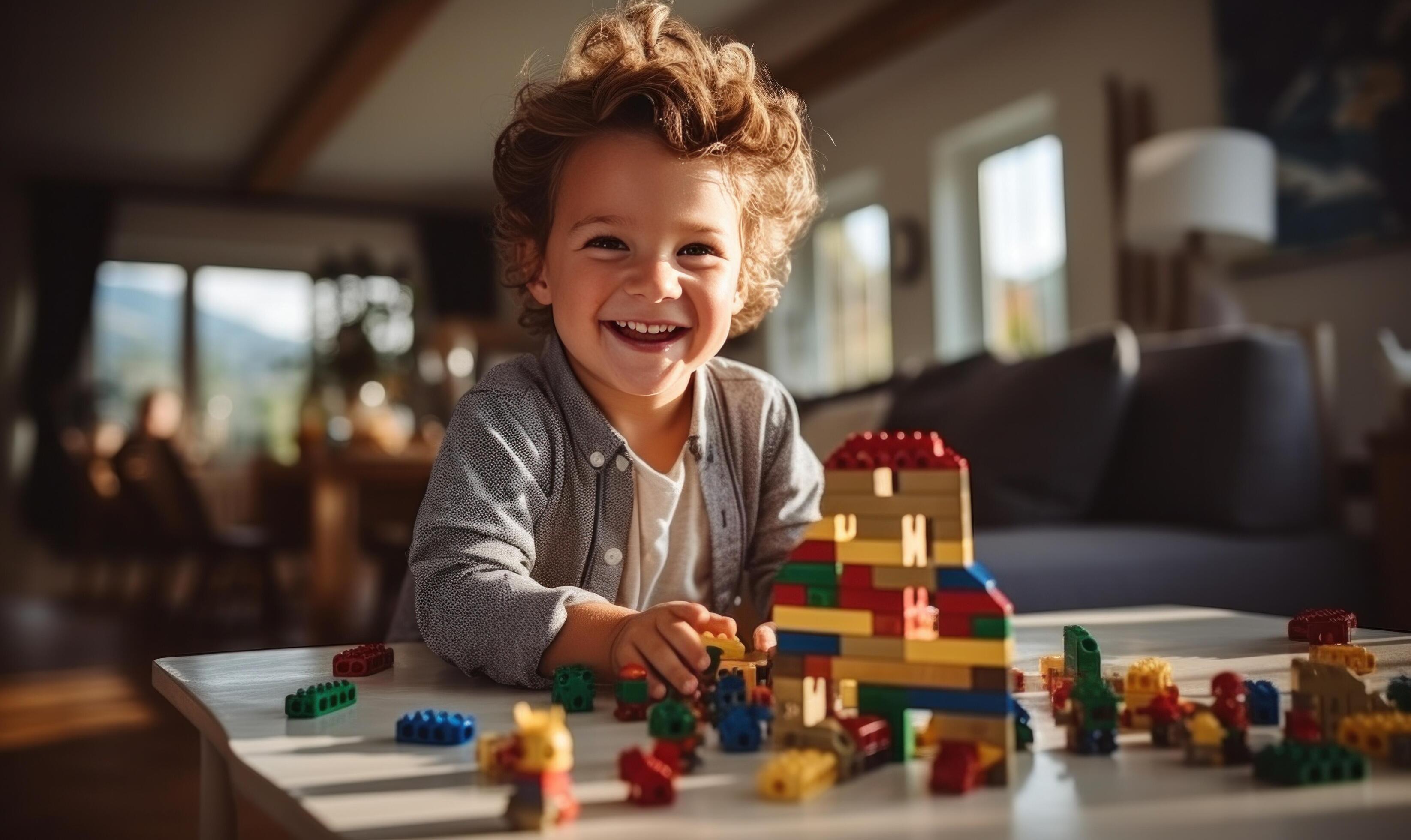 AI generated happy family man with his son playing on the table Stock Free