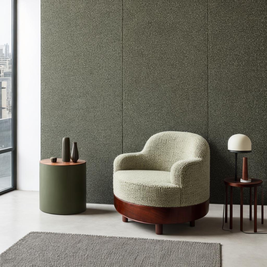 Armchair, betonwand,boucle, 60er jahre, by @ai_generated