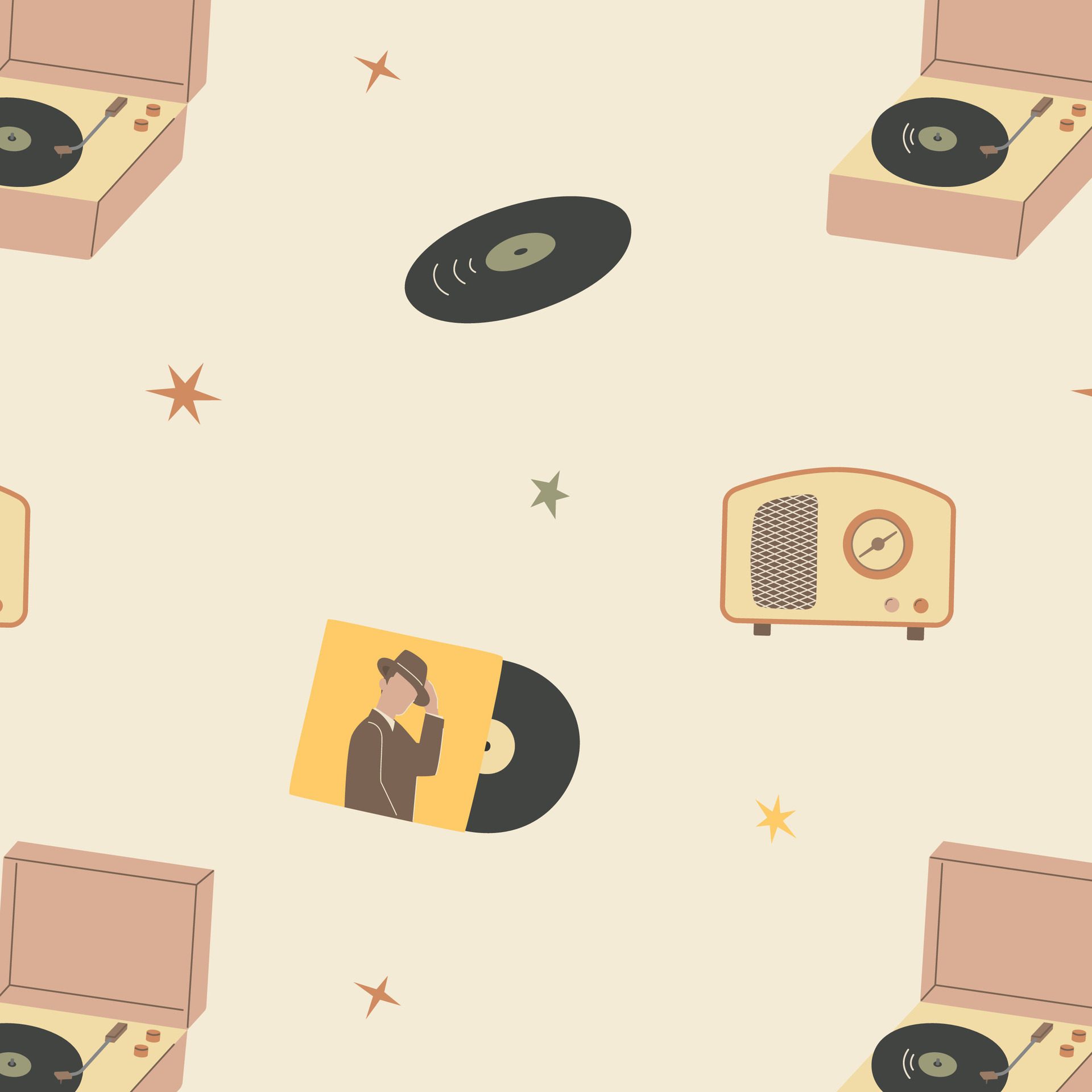 Seamless pattern of objects from the past, radio, vinyl record, gramophone. Retro style background for your design, hand-drawn illustration. Free Vector