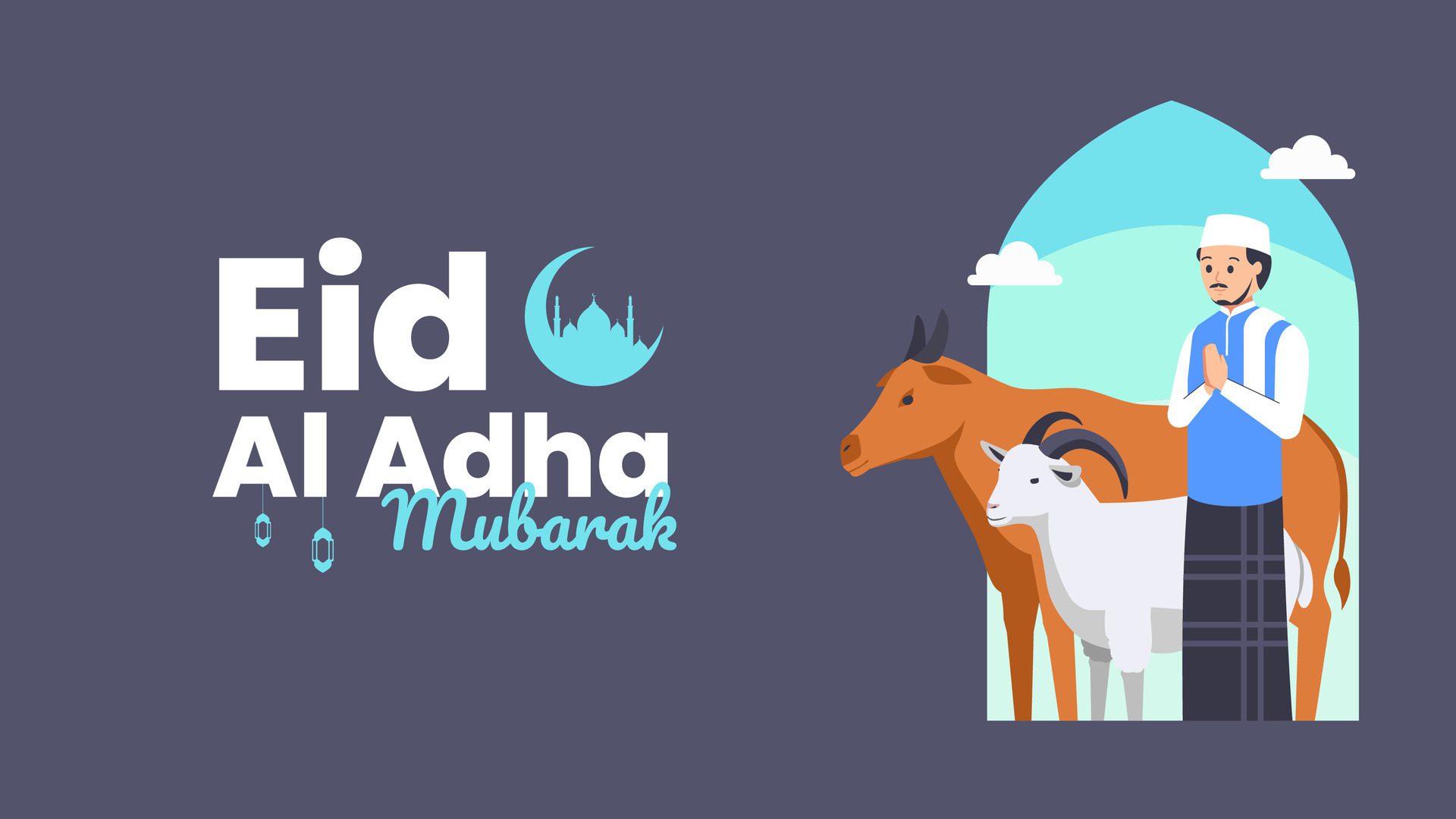 Eid Al Adha festival. banner with goat and cow. illustration. Free Vector