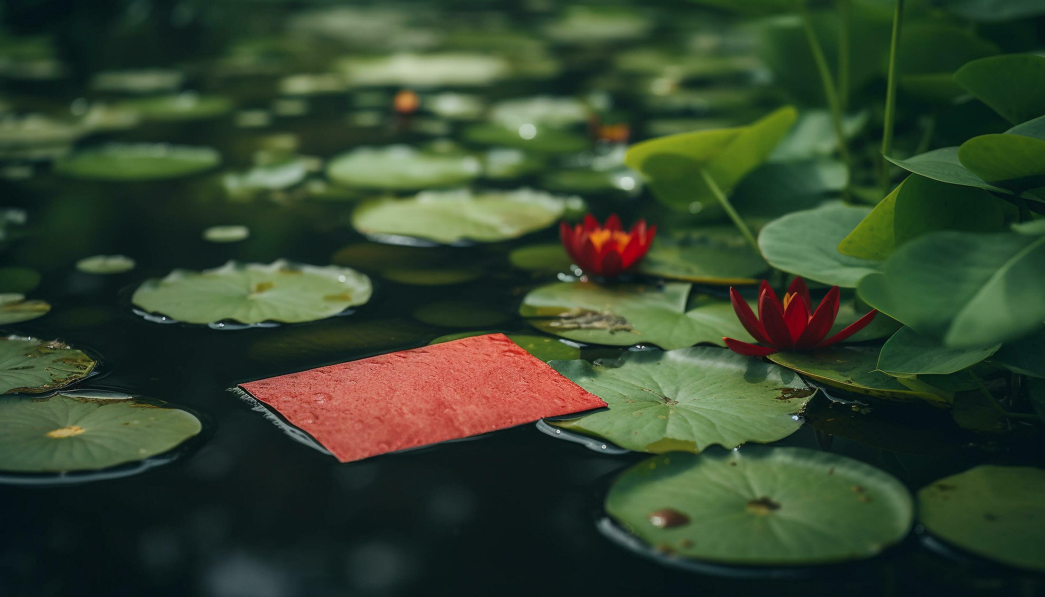 A tranquil scene of a pink lotus flower floating peacefully generated by AI Stock Free