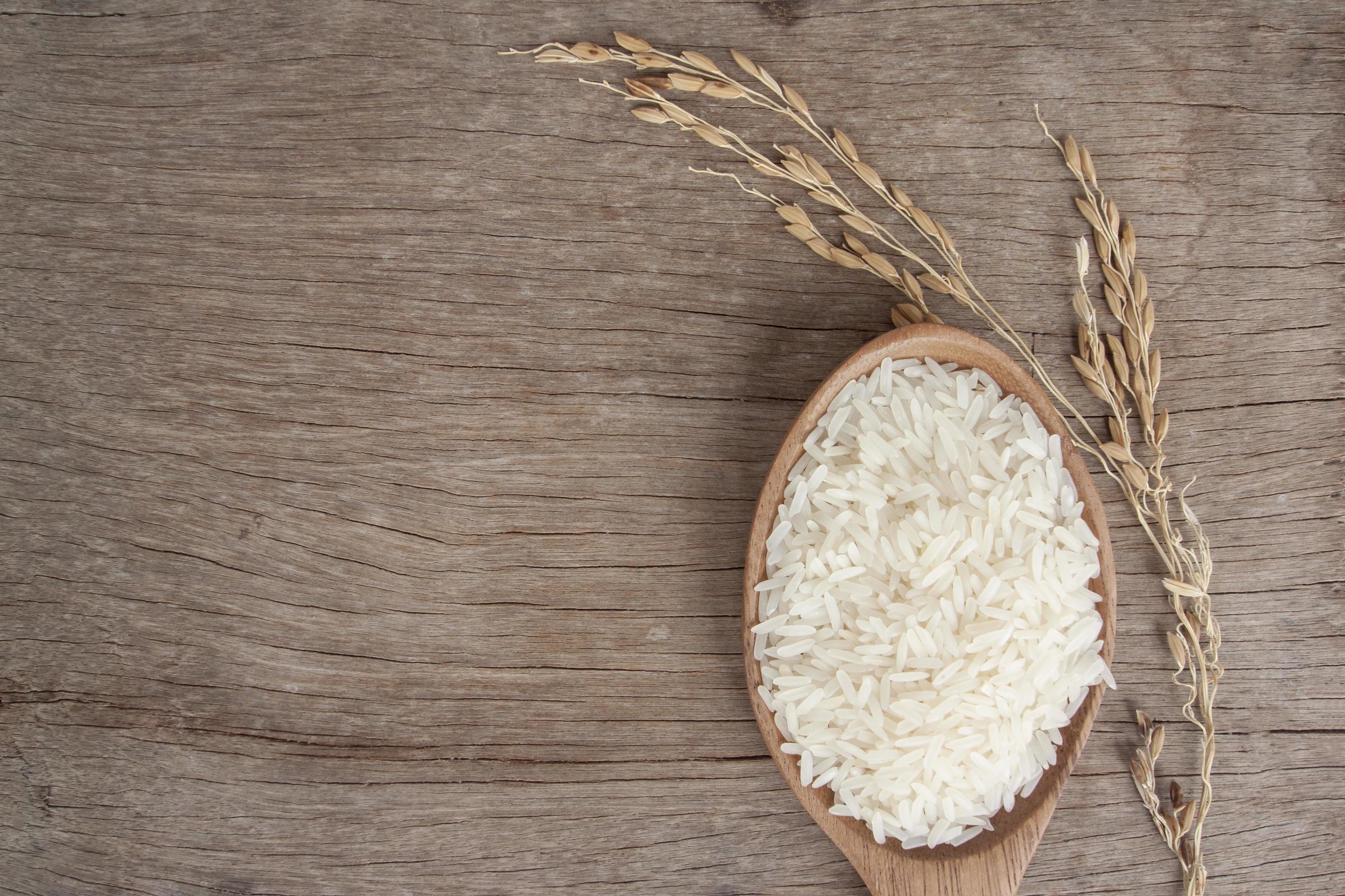 Rice is the main food of Thailand. Placed on wooden table background. Stock Free