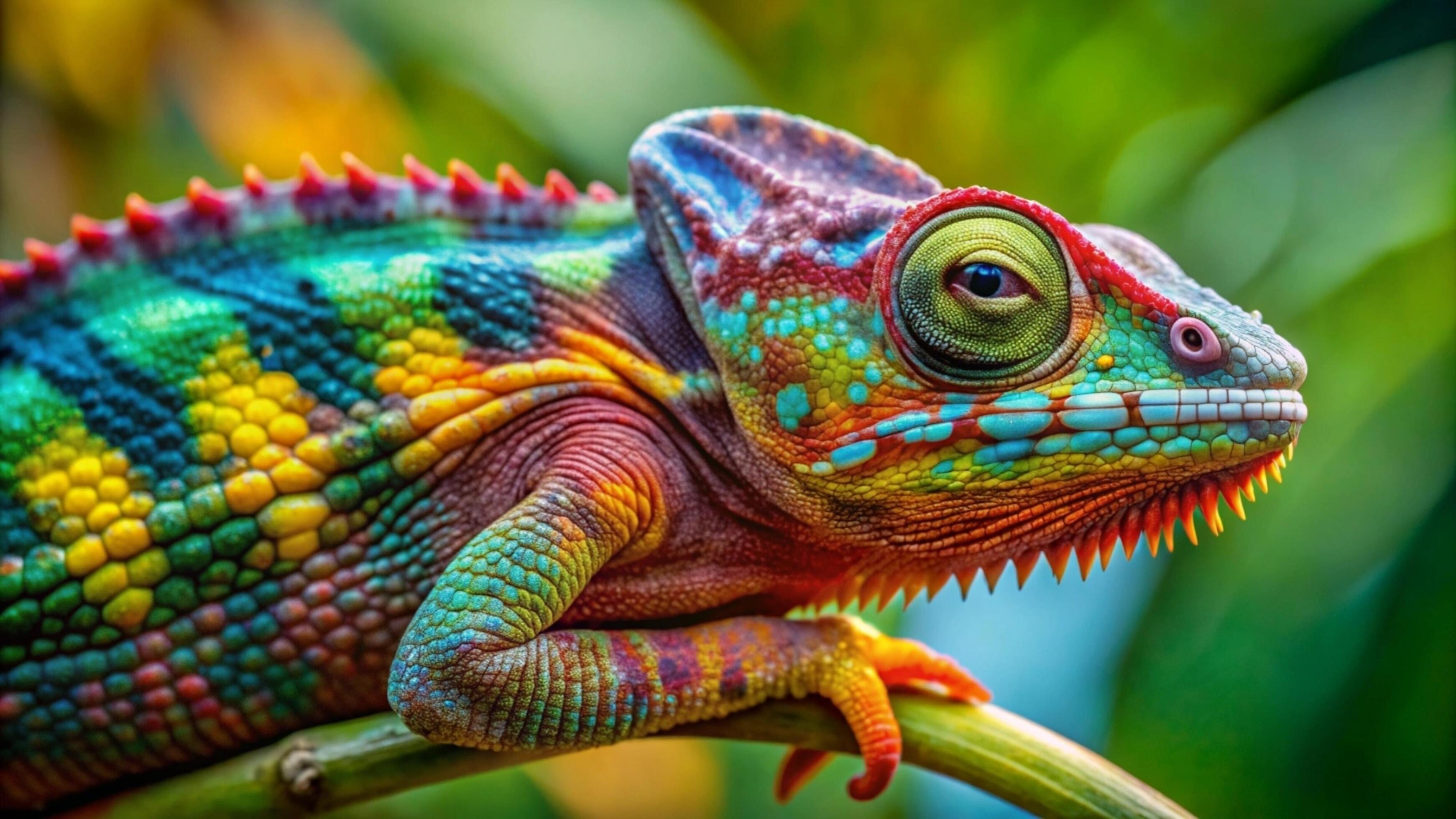 A vibrant chameleon camouflaging against a lush green forest background. Stock Free