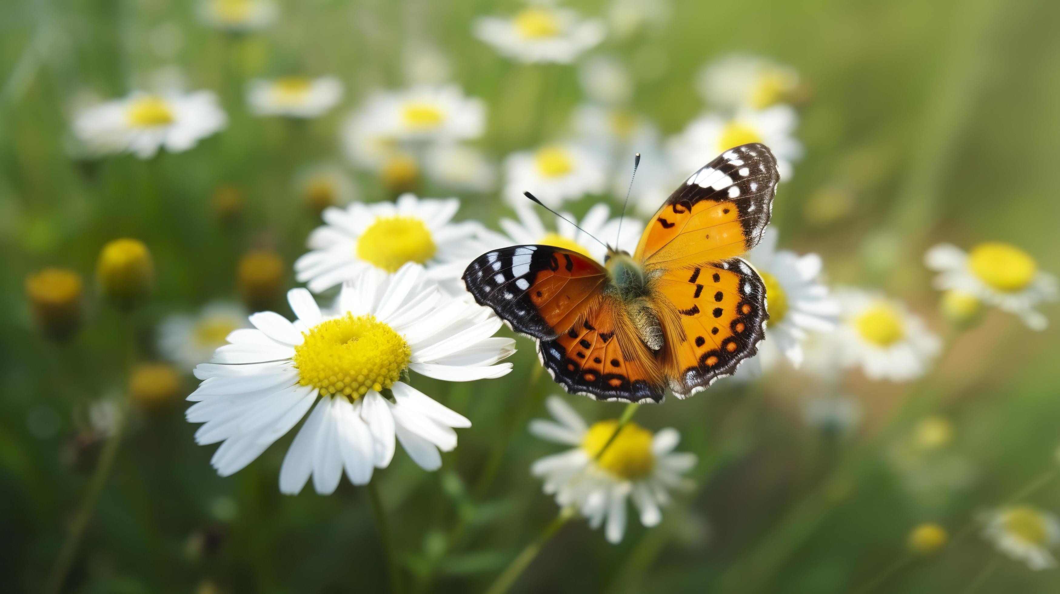 Photo the yellow orange butterfly is on the white pink flowers in the green grass fields, generat ai Stock Free