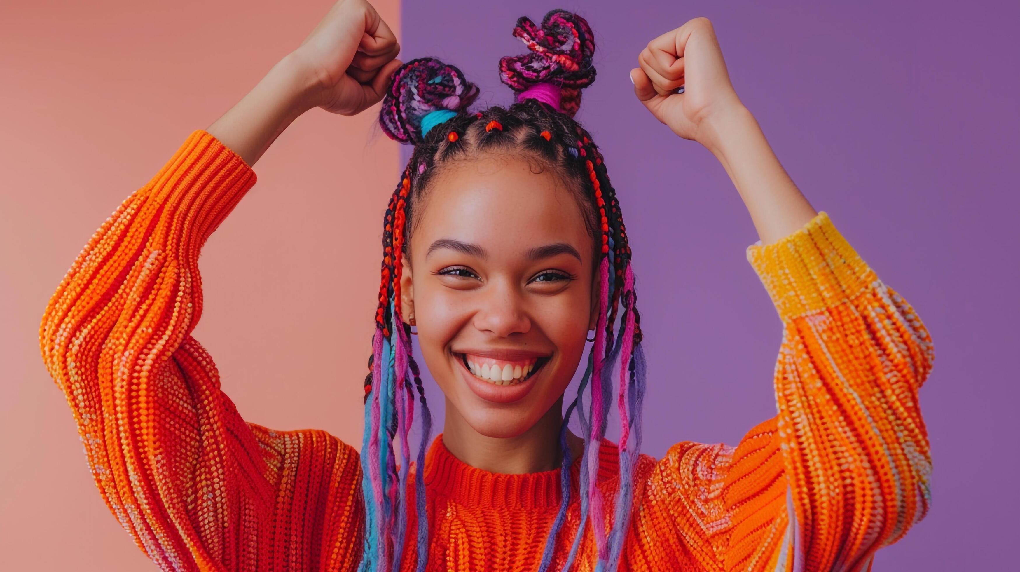 Smiling woman with colorful hair and bright sweater Stock Free