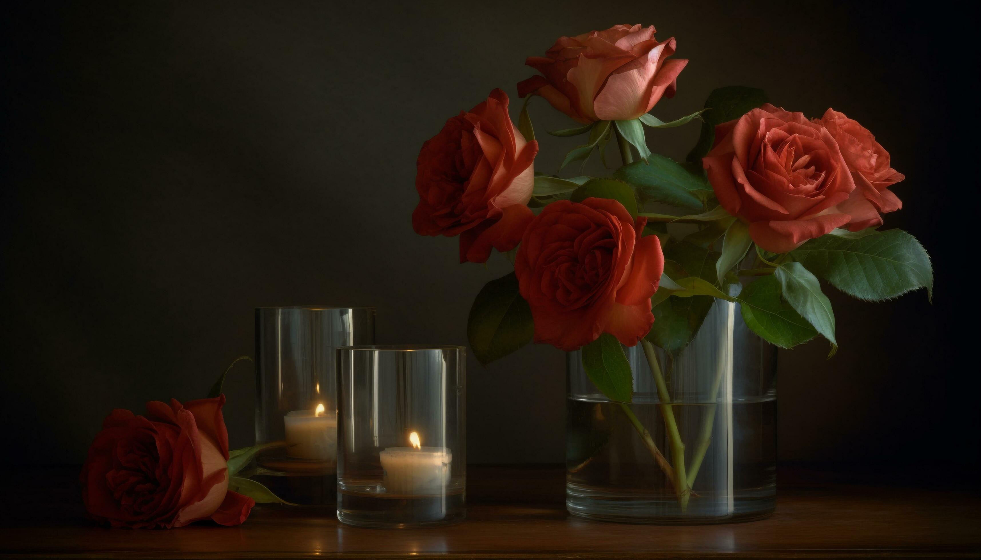 Romantic candlelit table with elegant vase of fresh flower bouquet generated by AI Stock Free