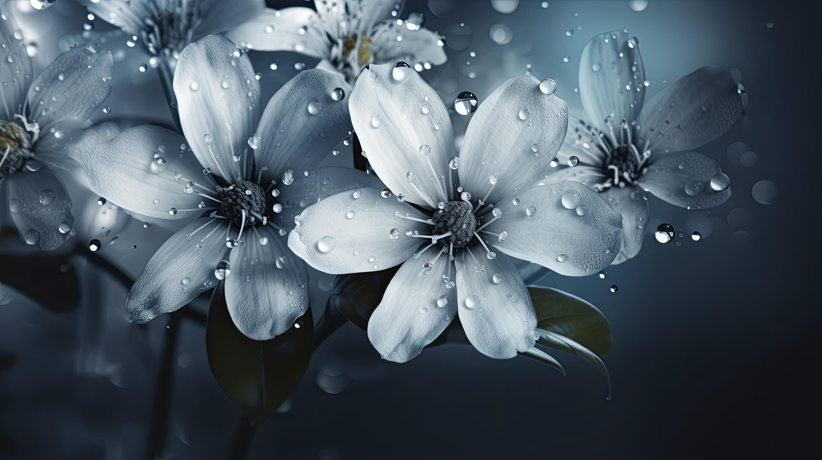 beautiful white flowers with blue background, Generate Ai Stock Free