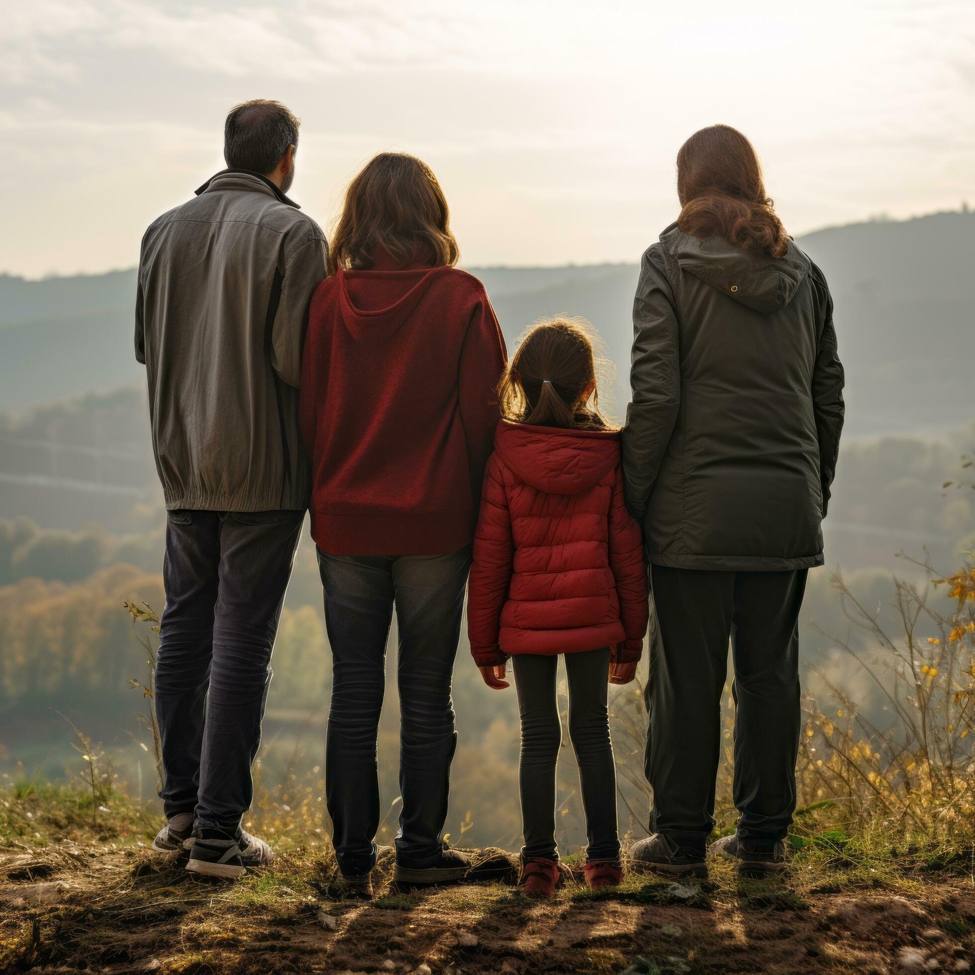 Family of Four Standing on a Hilltop – AI generated Stock Free