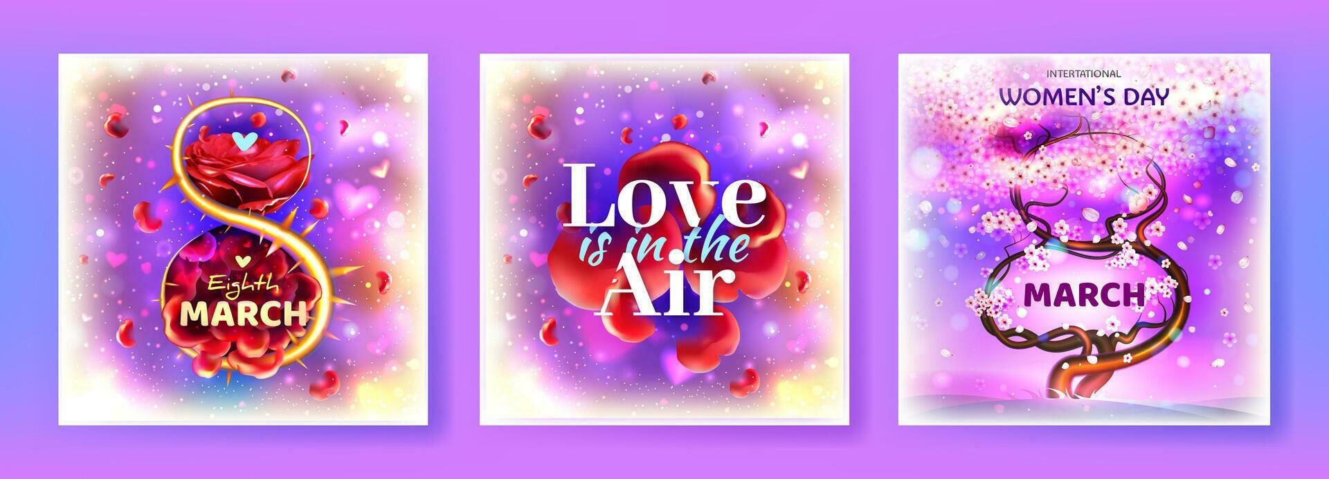 8 March. International Women’s Day. Valentines day greeting cards set with lettering, hearts and flowers. Vector illustration. Eps 10 Stock Free