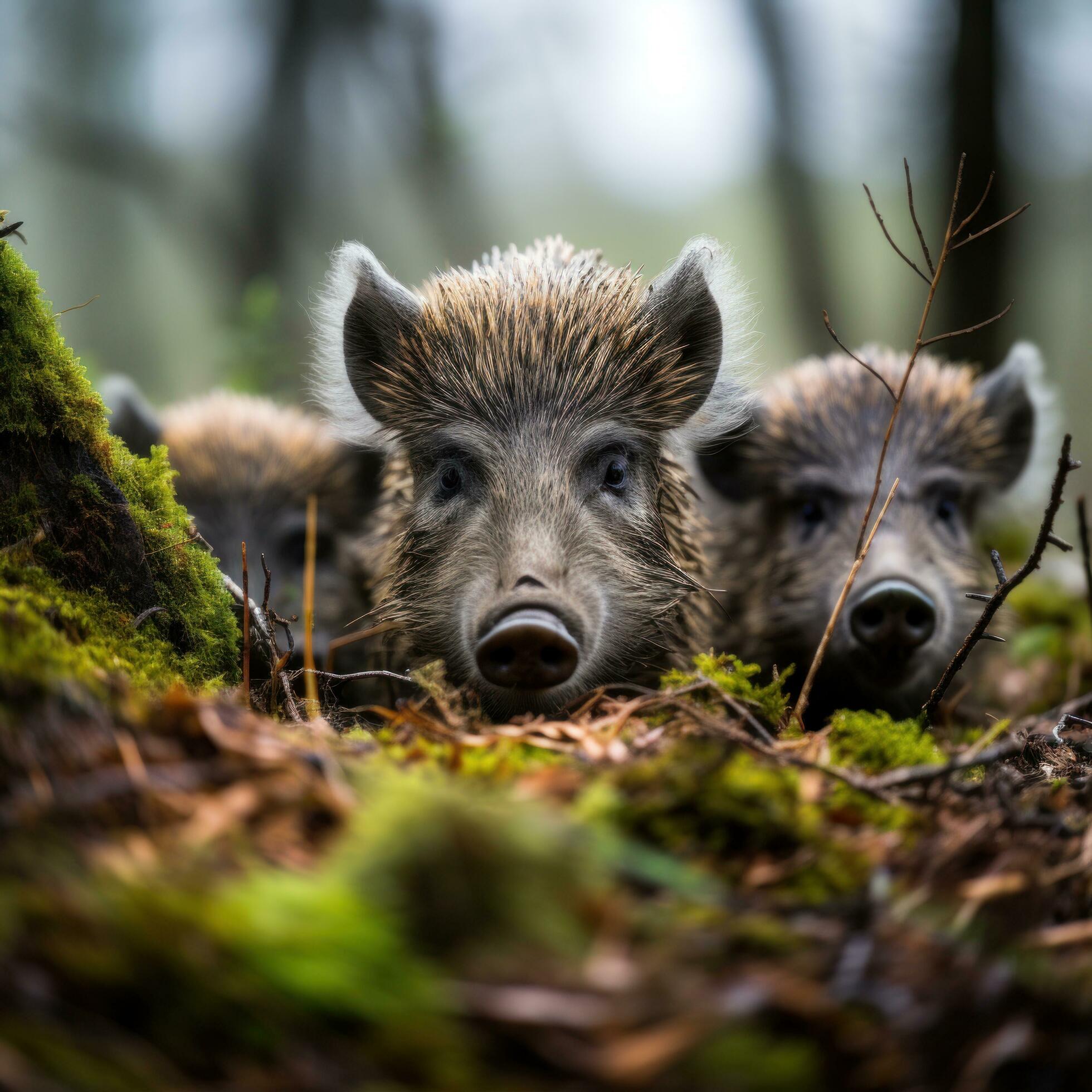 AI generated A family of wild boars foraging through the forest floor, their distinctive snouts and bristly fur on full display Stock Free